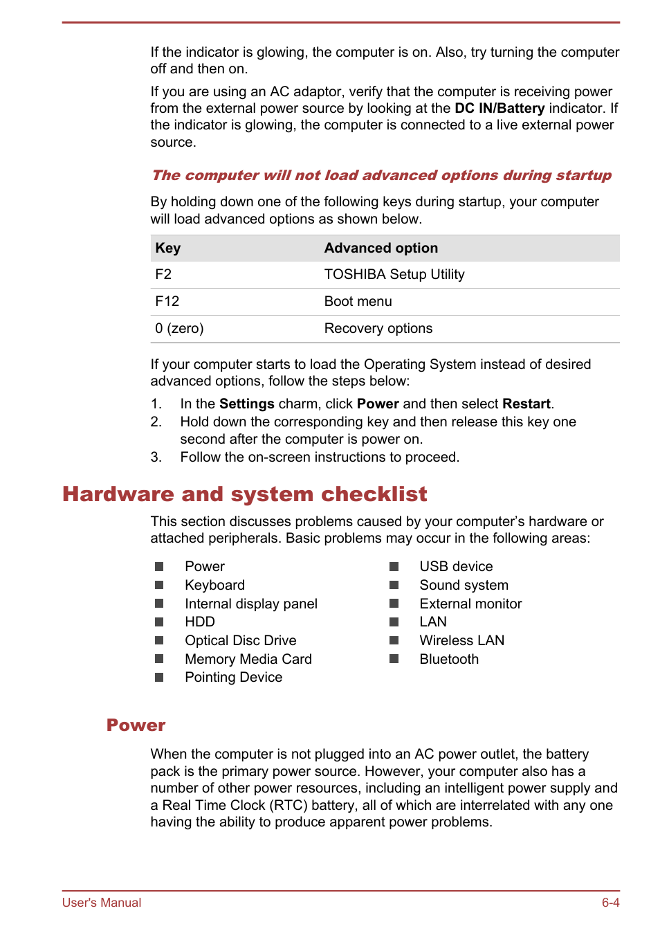 Hardware and system checklist, Power, Hardware and system checklist -4 | Toshiba Portege R30-A User Manual | Page 120 / 155