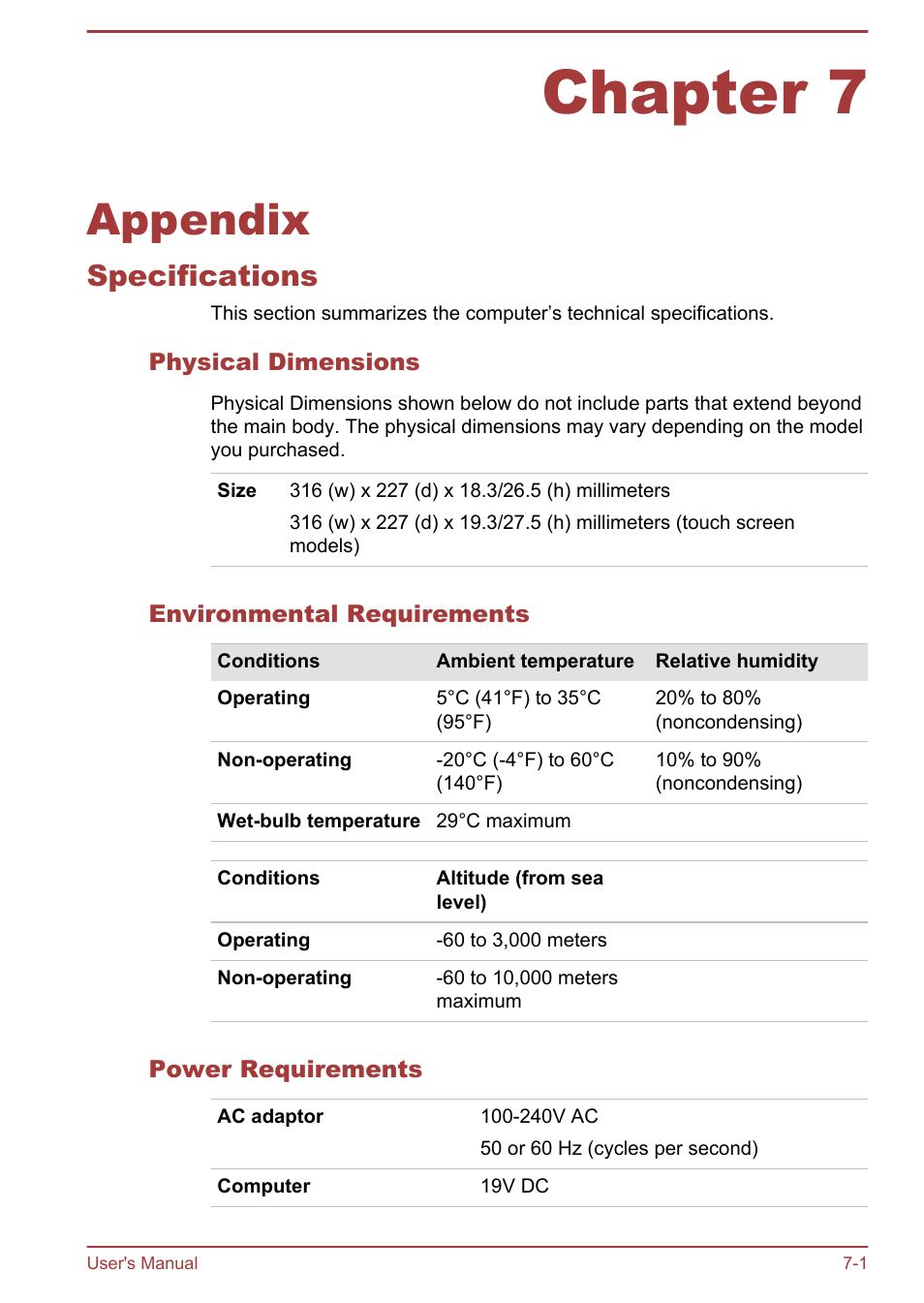 Chapter 7 appendix, Specifications, Physical dimensions | Environmental requirements, Power requirements, Chapter 7, Appendix, Specifications -1 | Toshiba Portege R30-A User Manual | Page 133 / 155