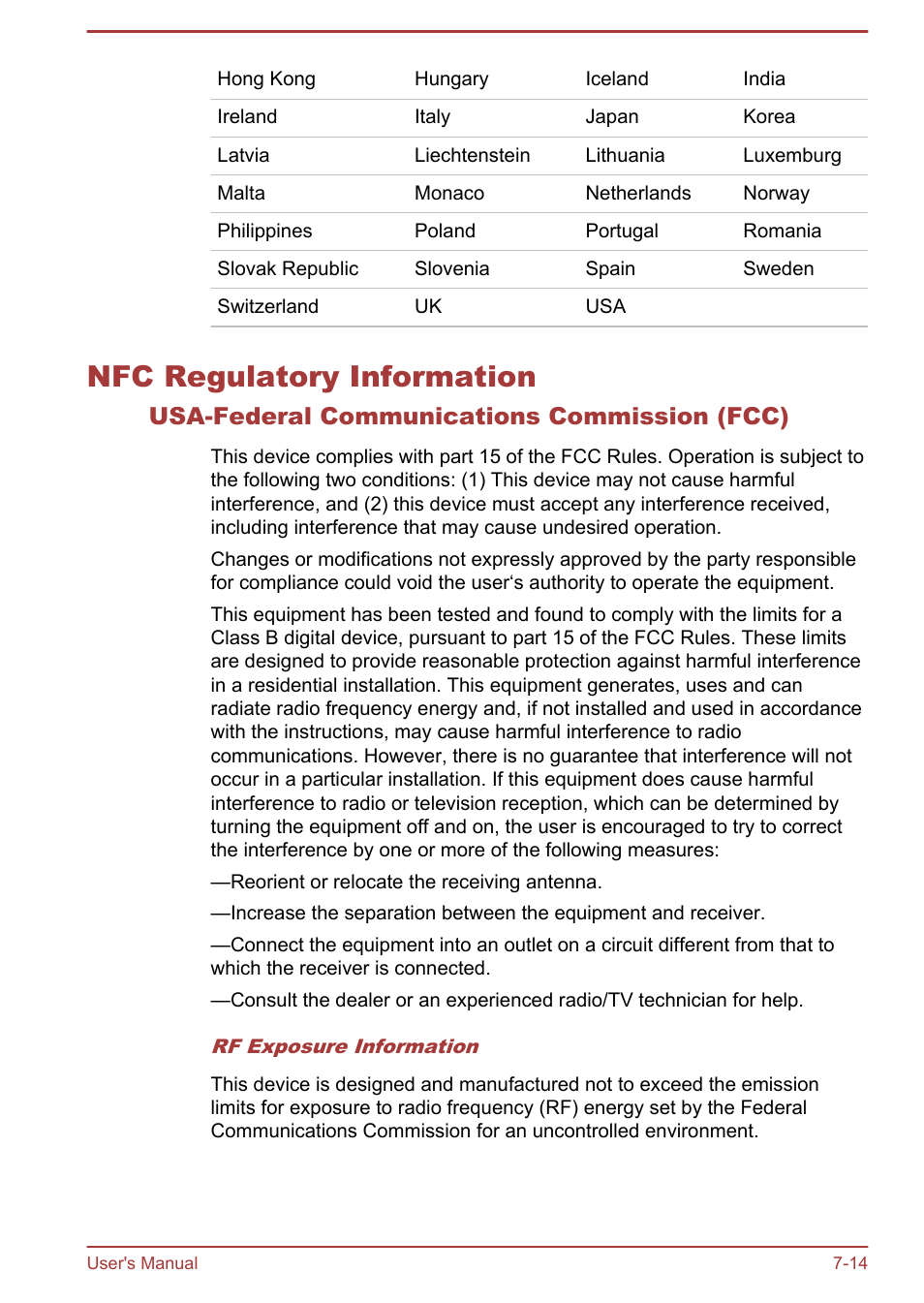 Nfc regulatory information, Usa-federal communications commission (fcc), Nfc regulatory information -14 | Toshiba Portege R30-A User Manual | Page 146 / 155