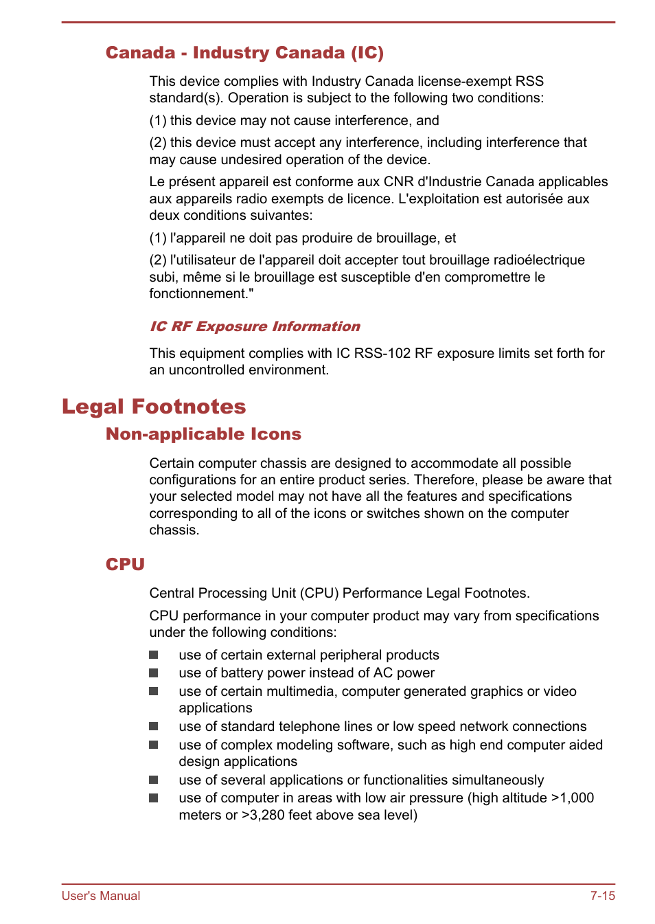 Canada - industry canada (ic), Legal footnotes, Non-applicable icons | Legal footnotes -15, Legal, Footnotes, Section | Toshiba Portege R30-A User Manual | Page 147 / 155