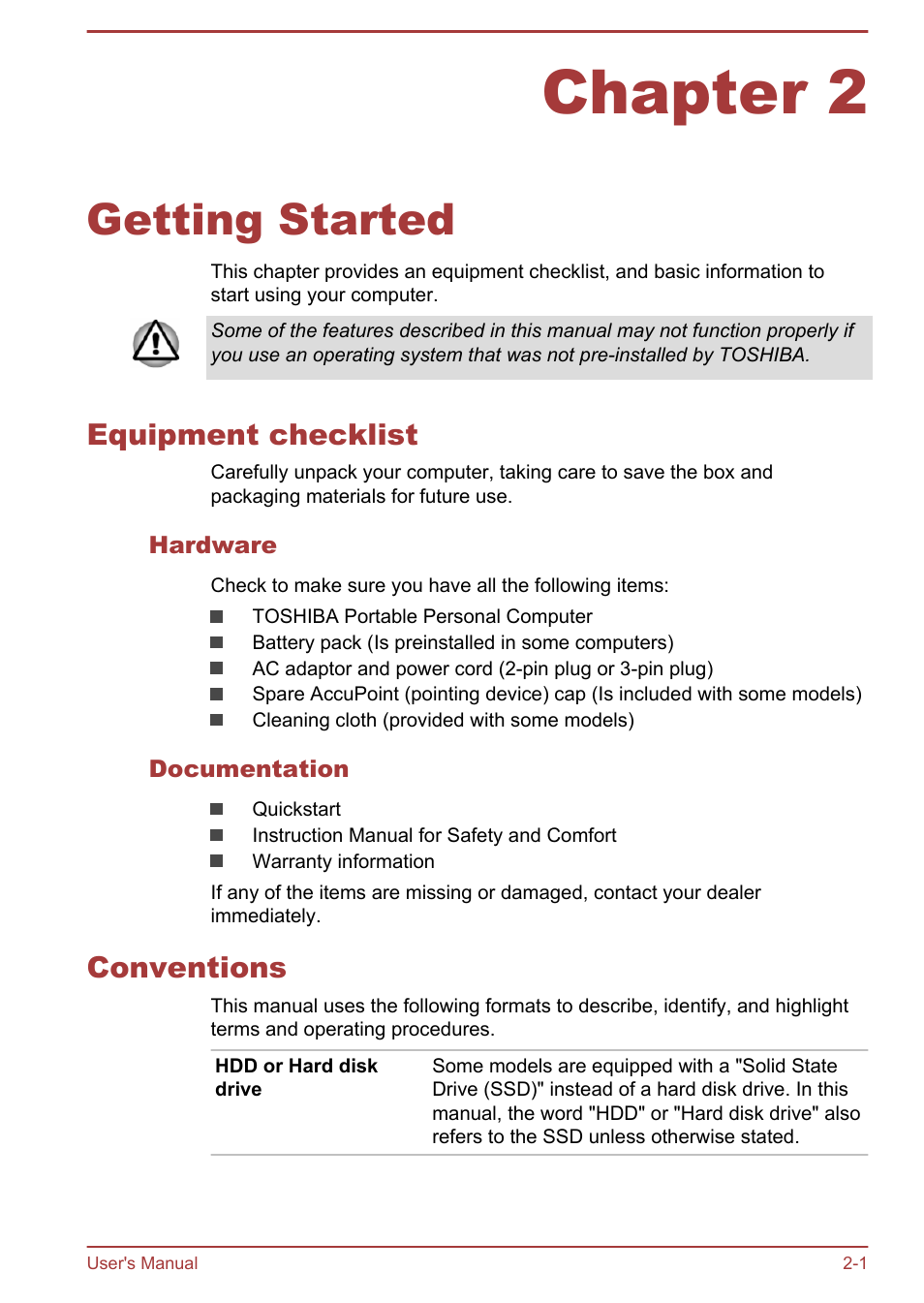 Chapter 2 getting started, Equipment checklist, Hardware | Documentation, Conventions, Chapter 2, Getting started, Equipment checklist -1 conventions -1 | Toshiba Portege R30-A User Manual | Page 23 / 155