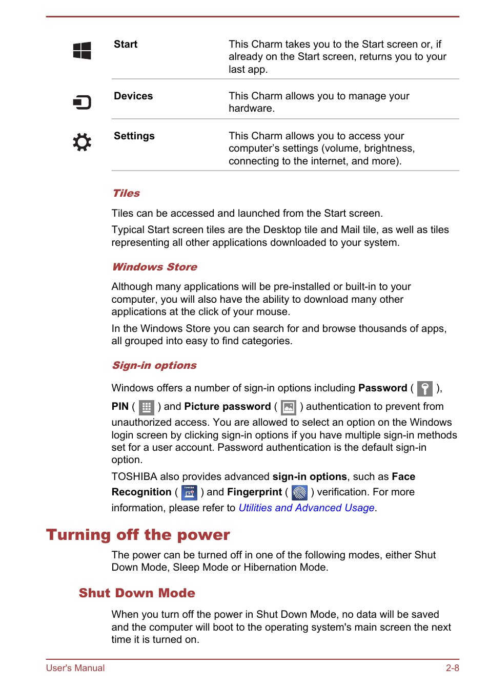 Turning off the power, Shut down mode, Turning off the power -8 | Toshiba Portege R30-A User Manual | Page 30 / 155