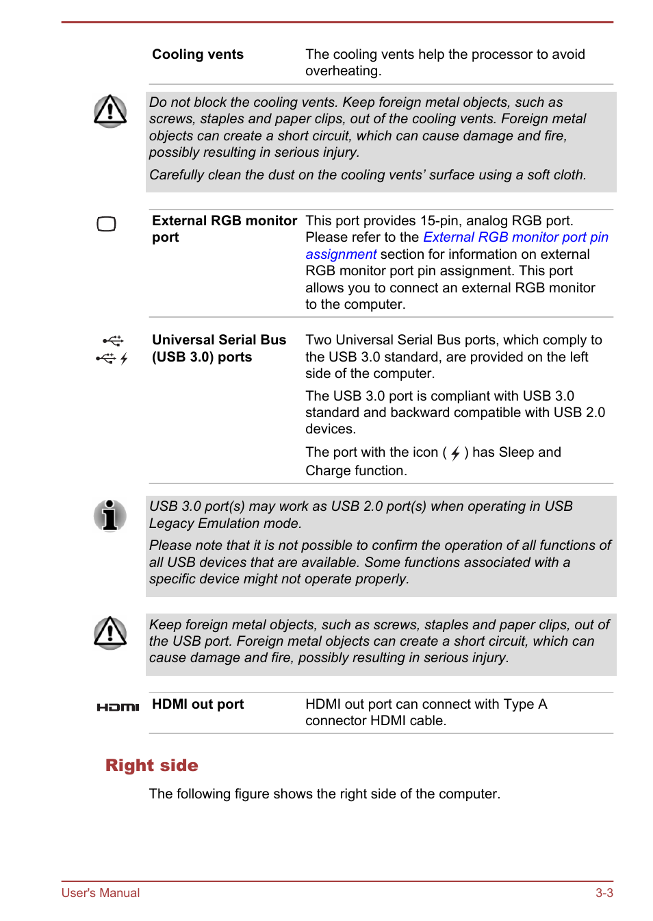 Right side | Toshiba Portege R30-A User Manual | Page 37 / 155