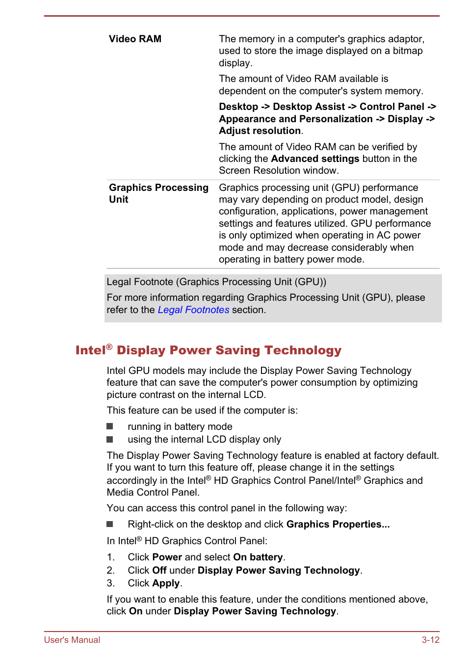 Intel® display power saving technology, Intel, Display power saving technology | Toshiba Portege R30-A User Manual | Page 46 / 155