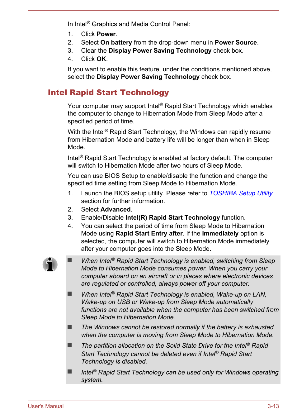 Intel rapid start technology | Toshiba Portege R30-A User Manual | Page 47 / 155