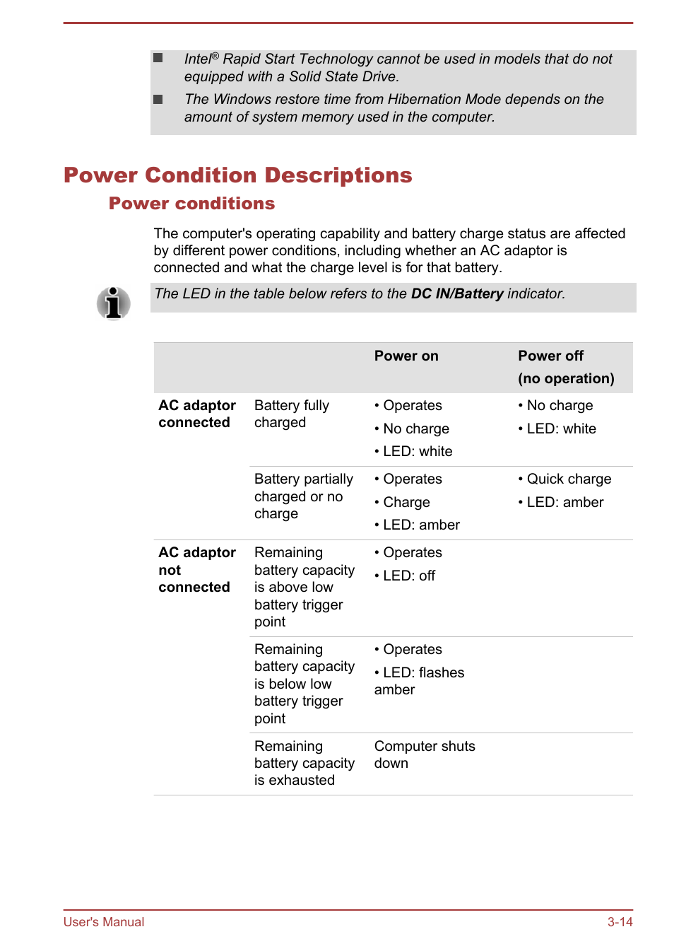 Power condition descriptions, Power conditions, Power condition descriptions -14 | Toshiba Portege R30-A User Manual | Page 48 / 155