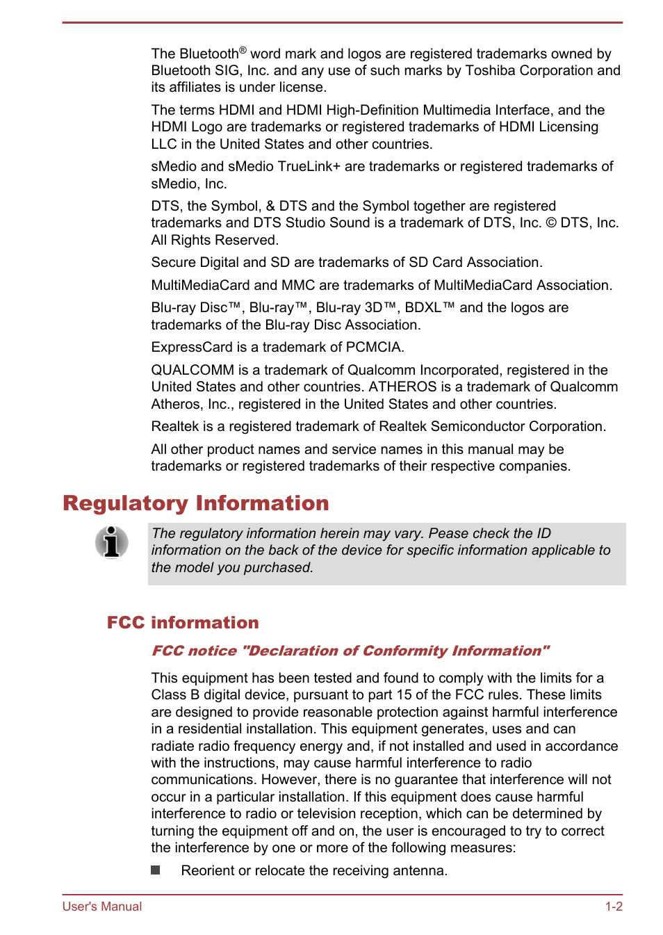 Regulatory information, Fcc information, Regulatory information -2 | Toshiba Portege R30-A User Manual | Page 5 / 155