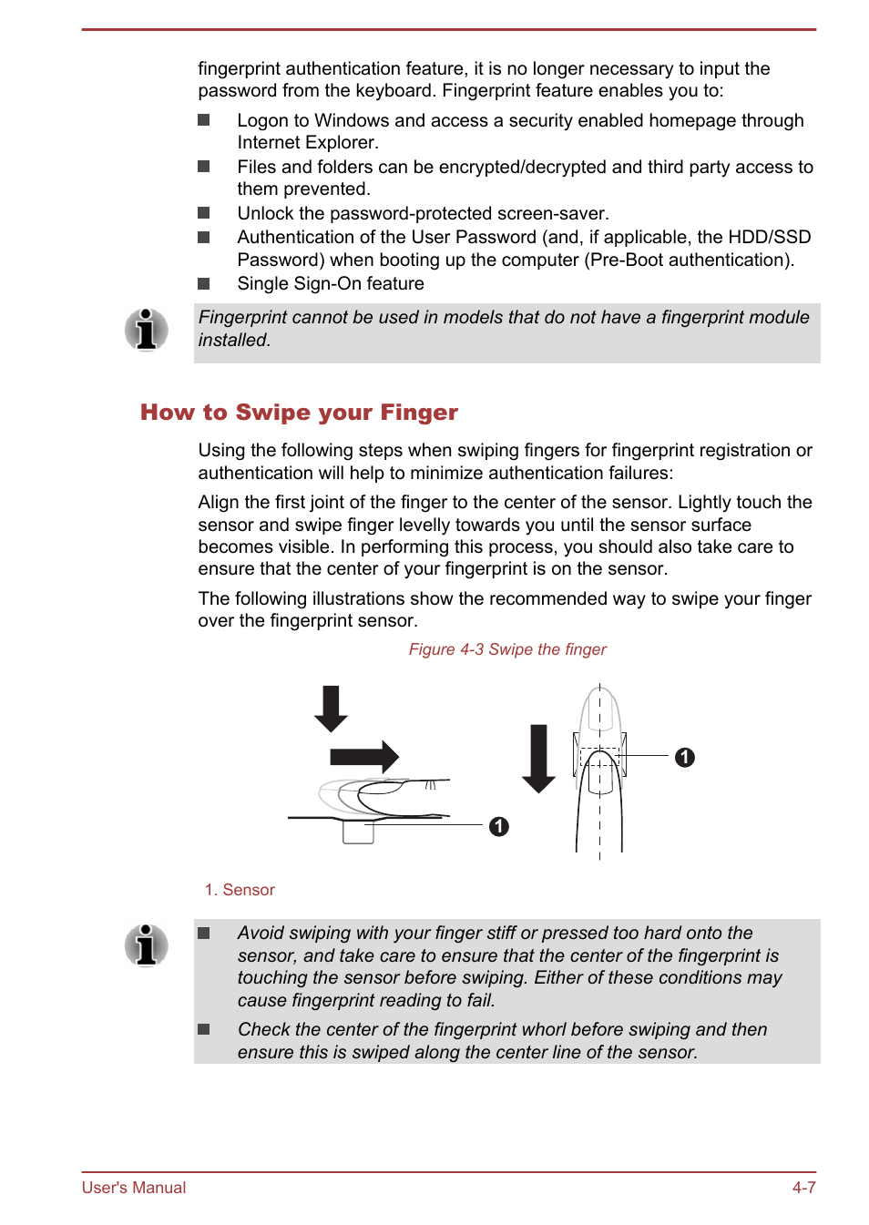 How to swipe your finger | Toshiba Portege R30-A User Manual | Page 56 / 155