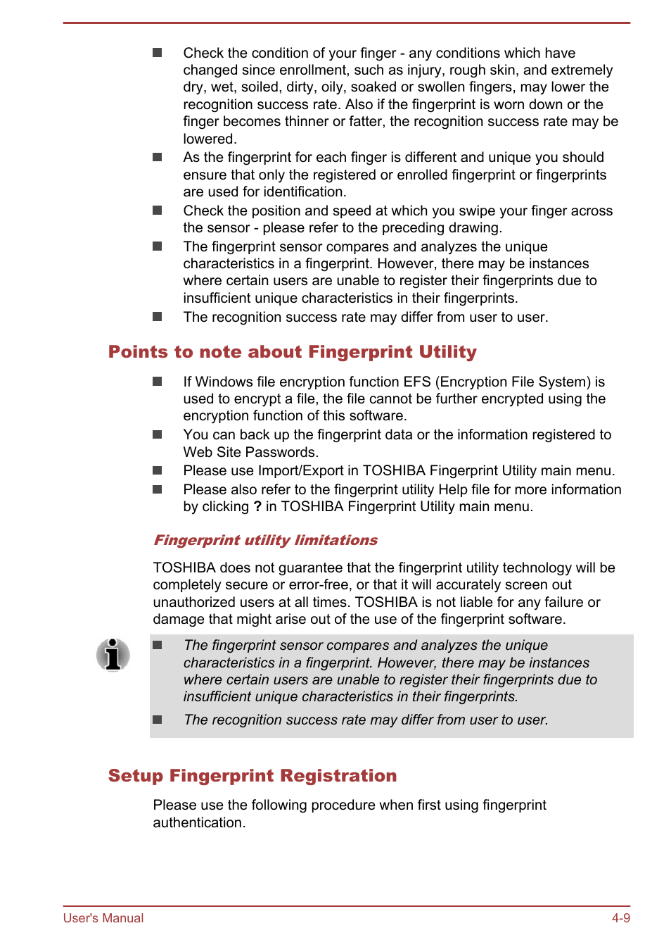 Points to note about fingerprint utility, Setup fingerprint registration | Toshiba Portege R30-A User Manual | Page 58 / 155