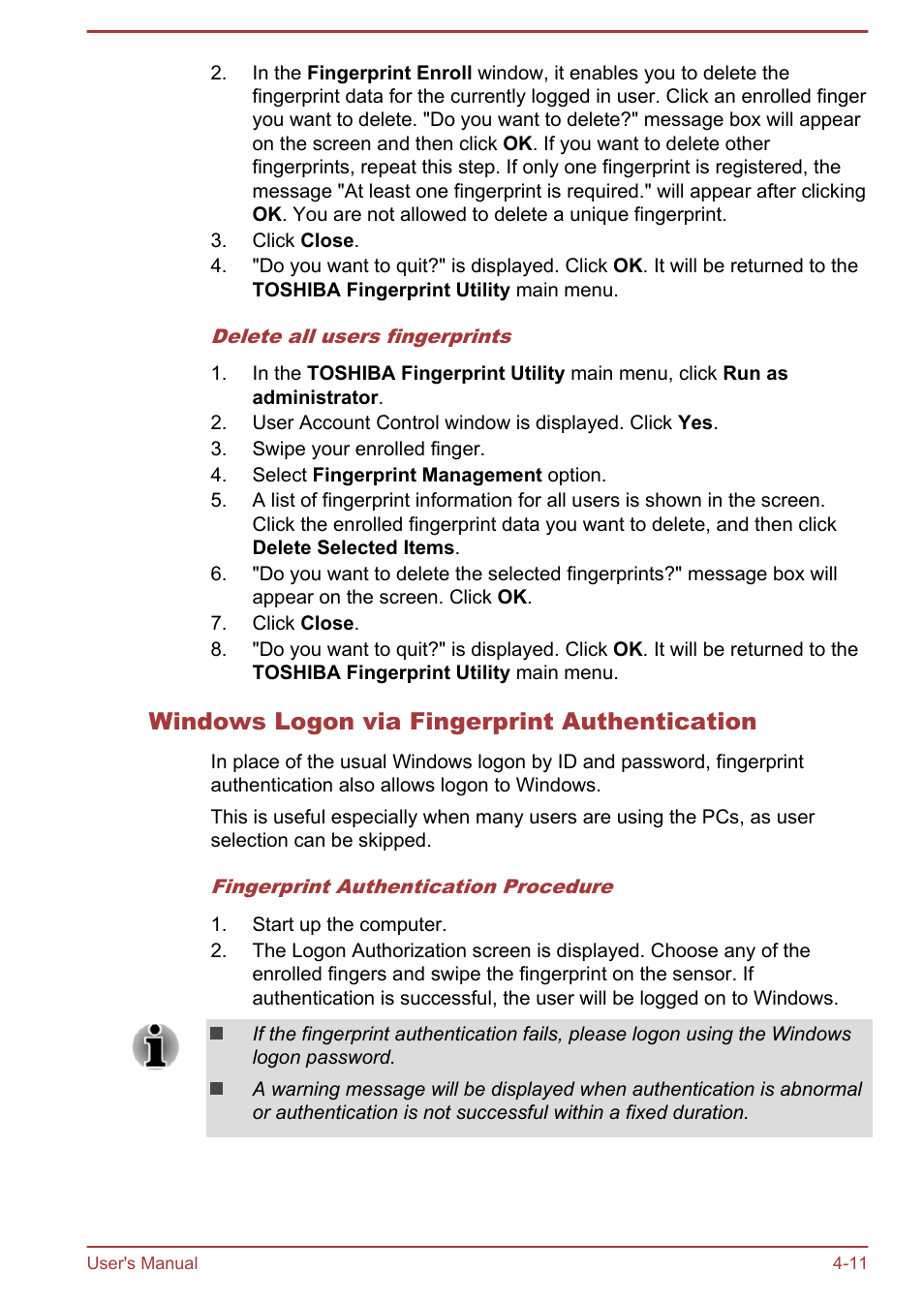 Windows logon via fingerprint authentication | Toshiba Portege R30-A User Manual | Page 60 / 155