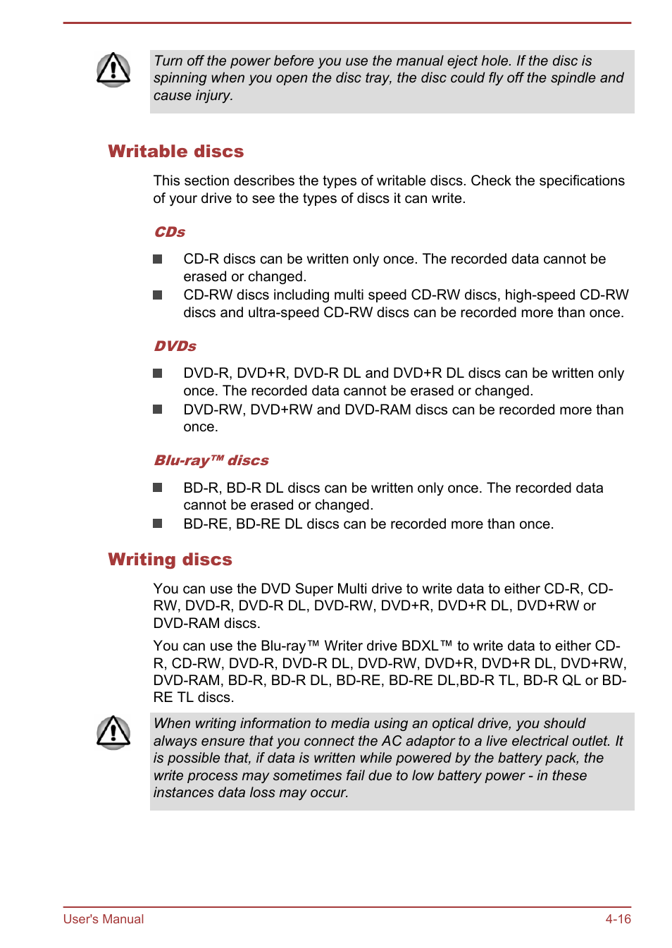 Writable discs, Writing discs | Toshiba Portege R30-A User Manual | Page 65 / 155