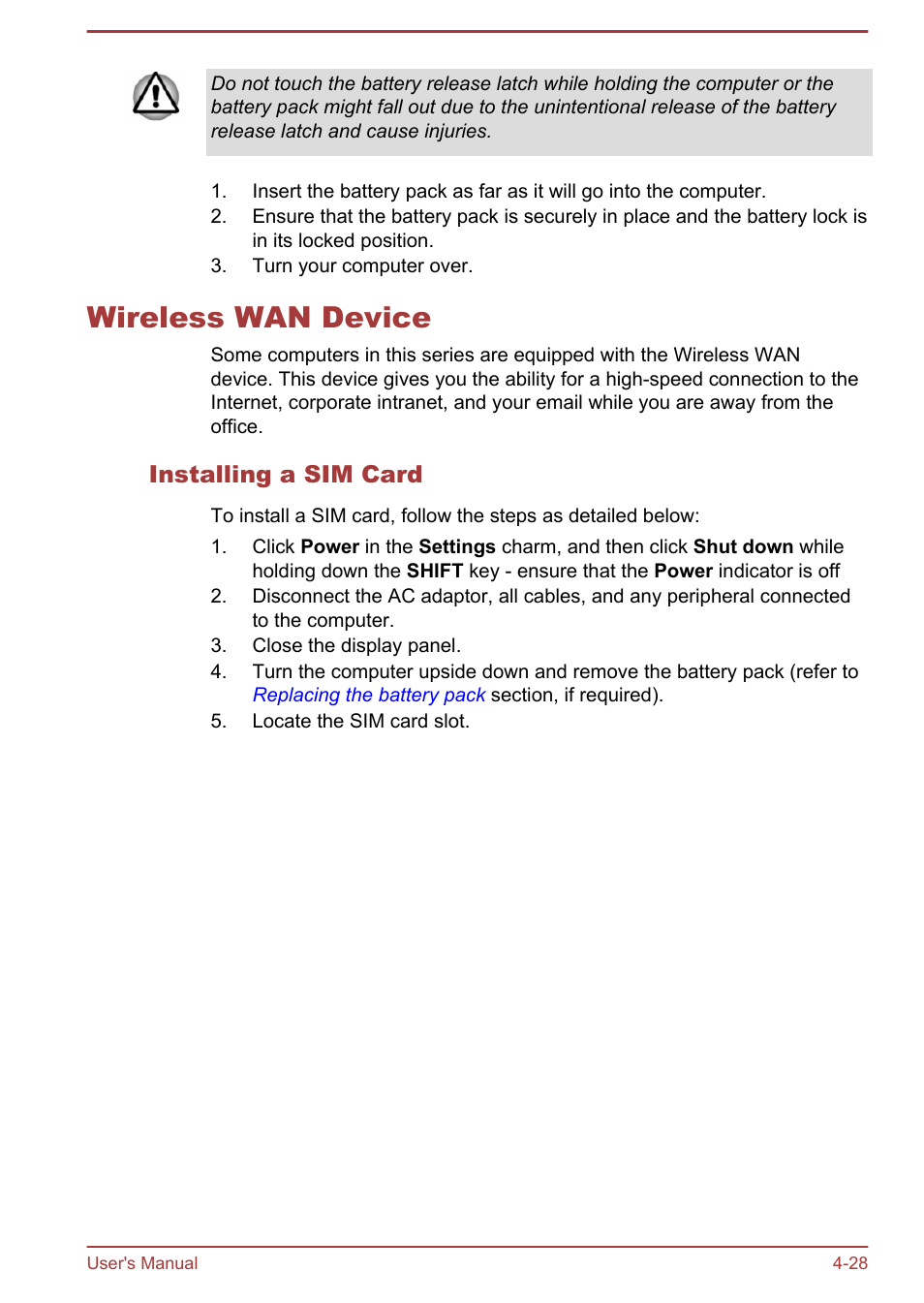 Wireless wan device, Installing a sim card, Wireless wan device -28 | Toshiba Portege R30-A User Manual | Page 77 / 155