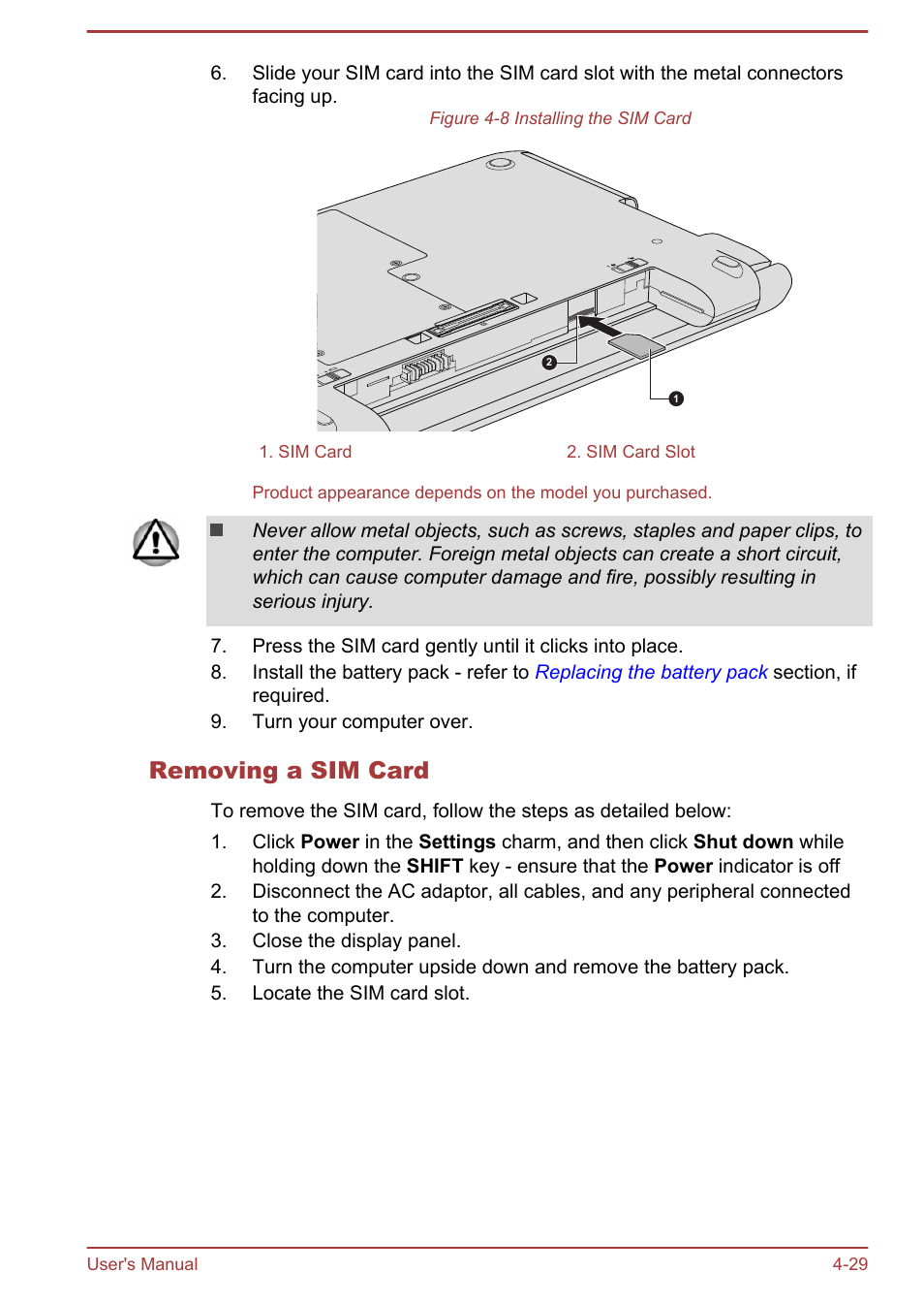 Removing a sim card | Toshiba Portege R30-A User Manual | Page 78 / 155