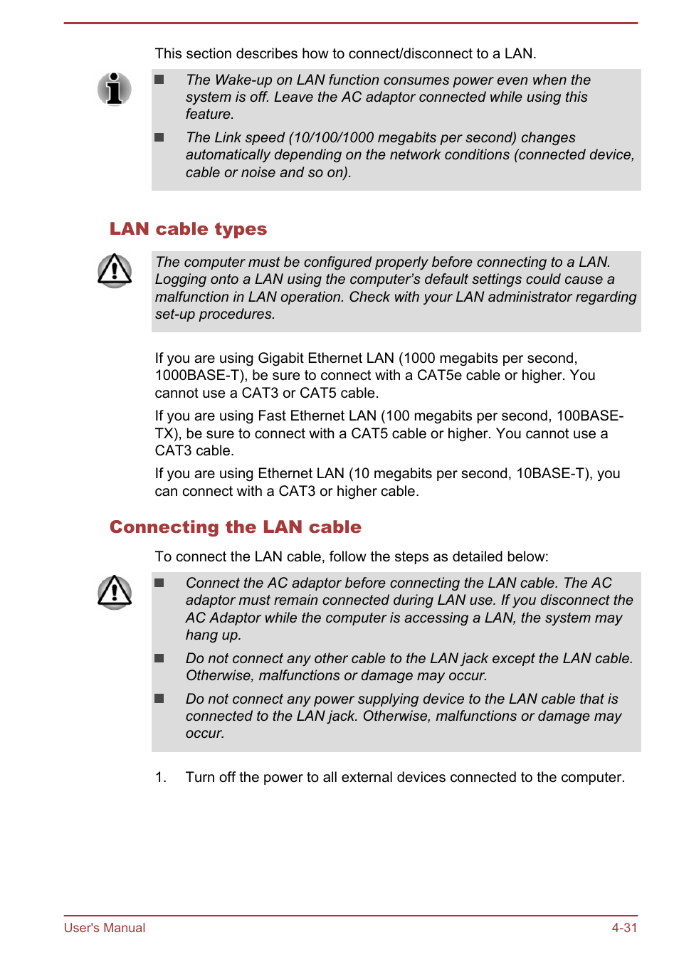 Lan cable types, Connecting the lan cable | Toshiba Portege R30-A User Manual | Page 80 / 155