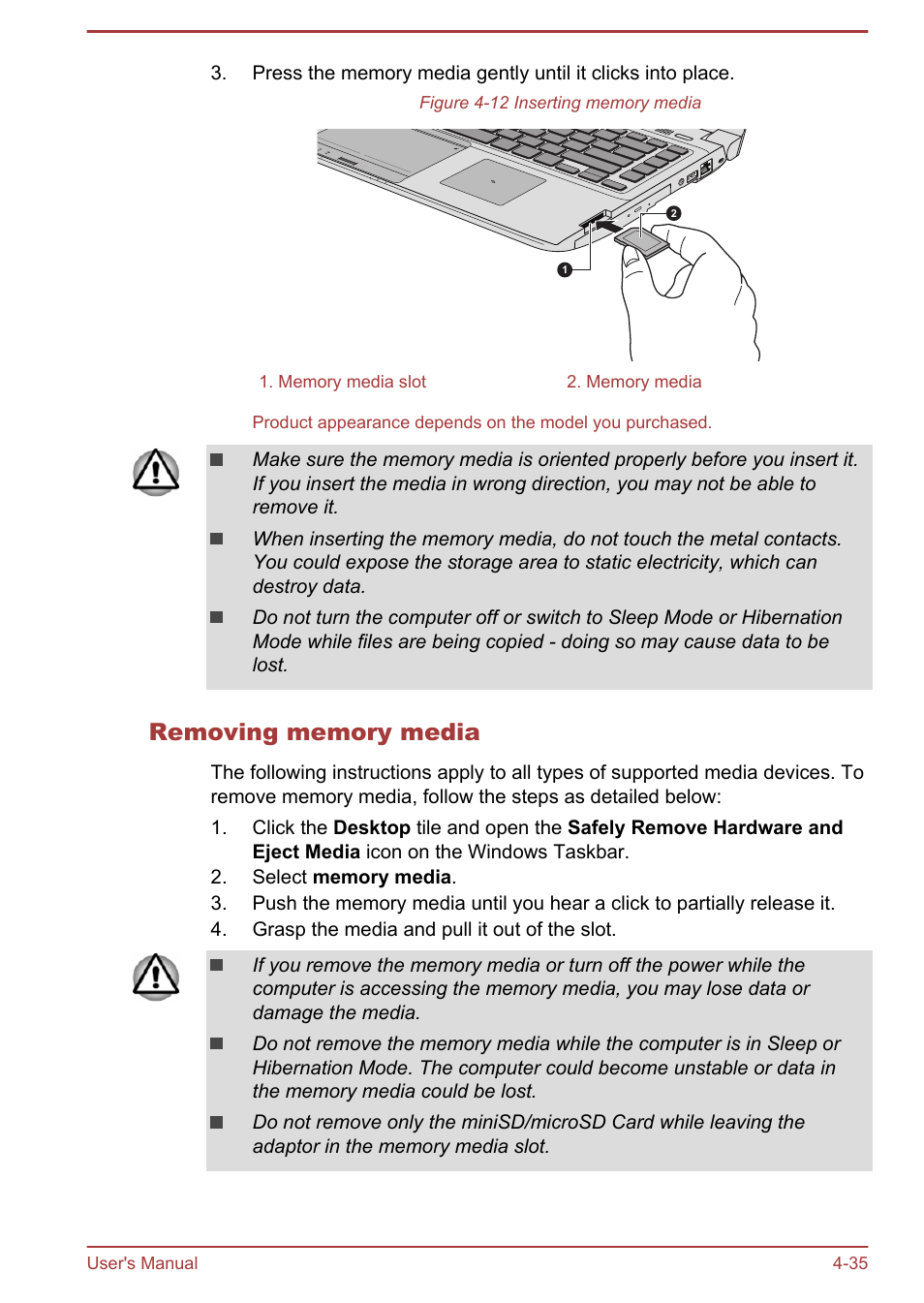 Removing memory media | Toshiba Portege R30-A User Manual | Page 84 / 155