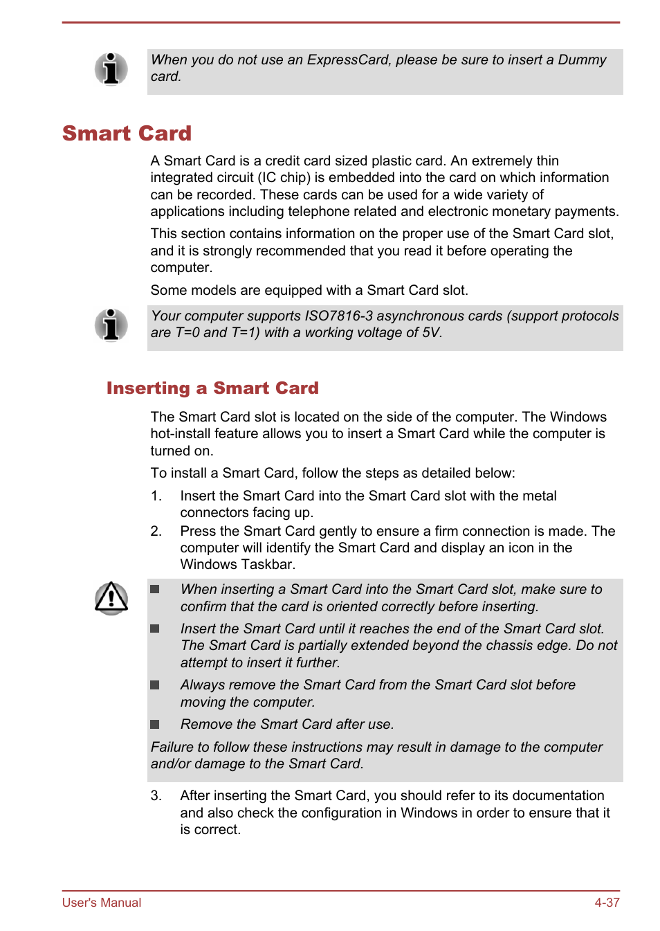 Smart card, Inserting a smart card, Smart card -37 | Toshiba Portege R30-A User Manual | Page 86 / 155