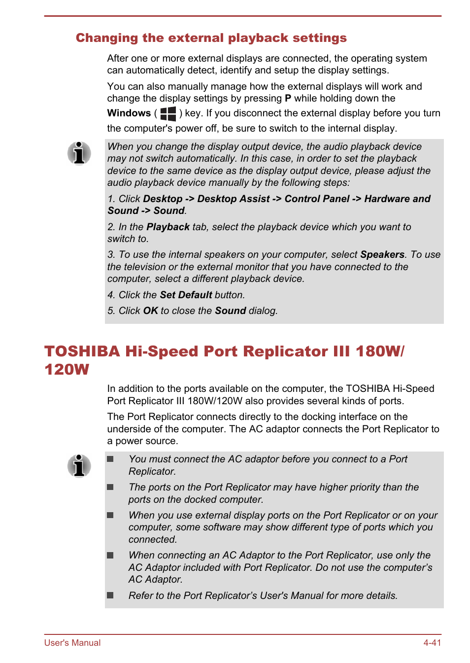 Changing the external playback settings, Toshiba hi-speed port replicator iii 180w/120w, Toshiba hi-speed port replicator iii 180w/120w -41 | Toshiba hi-speed port, Replicator iii 180w/120w | Toshiba Portege R30-A User Manual | Page 90 / 155