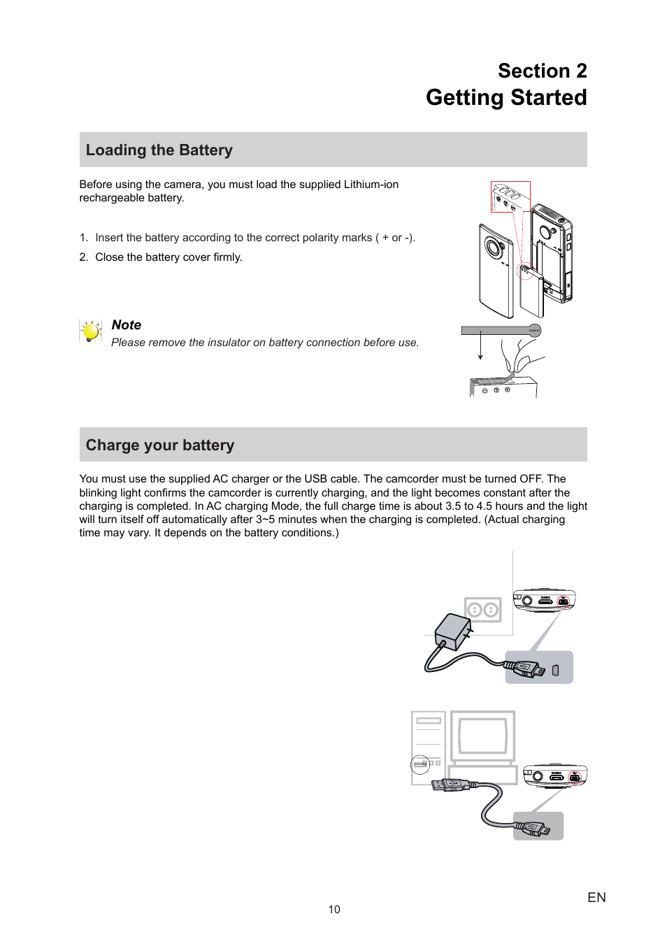 Section 2 getting started, Loading the battery, Charge your battery | Loading the battery charge your battery, Getting started | Toshiba Camileo B10 User Manual | Page 10 / 50