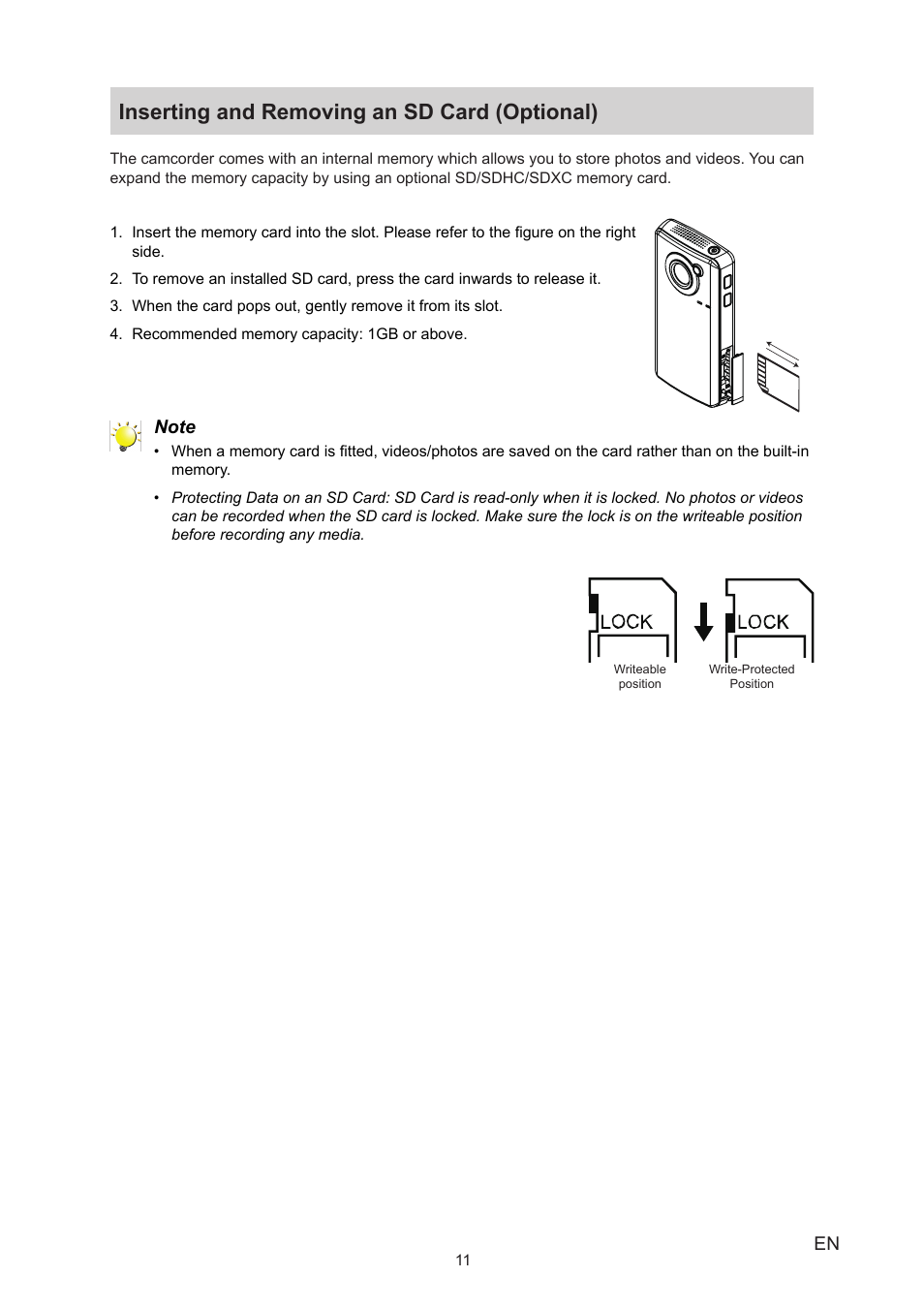 Inserting and removing an sd card (optional) | Toshiba Camileo B10 User Manual | Page 11 / 50