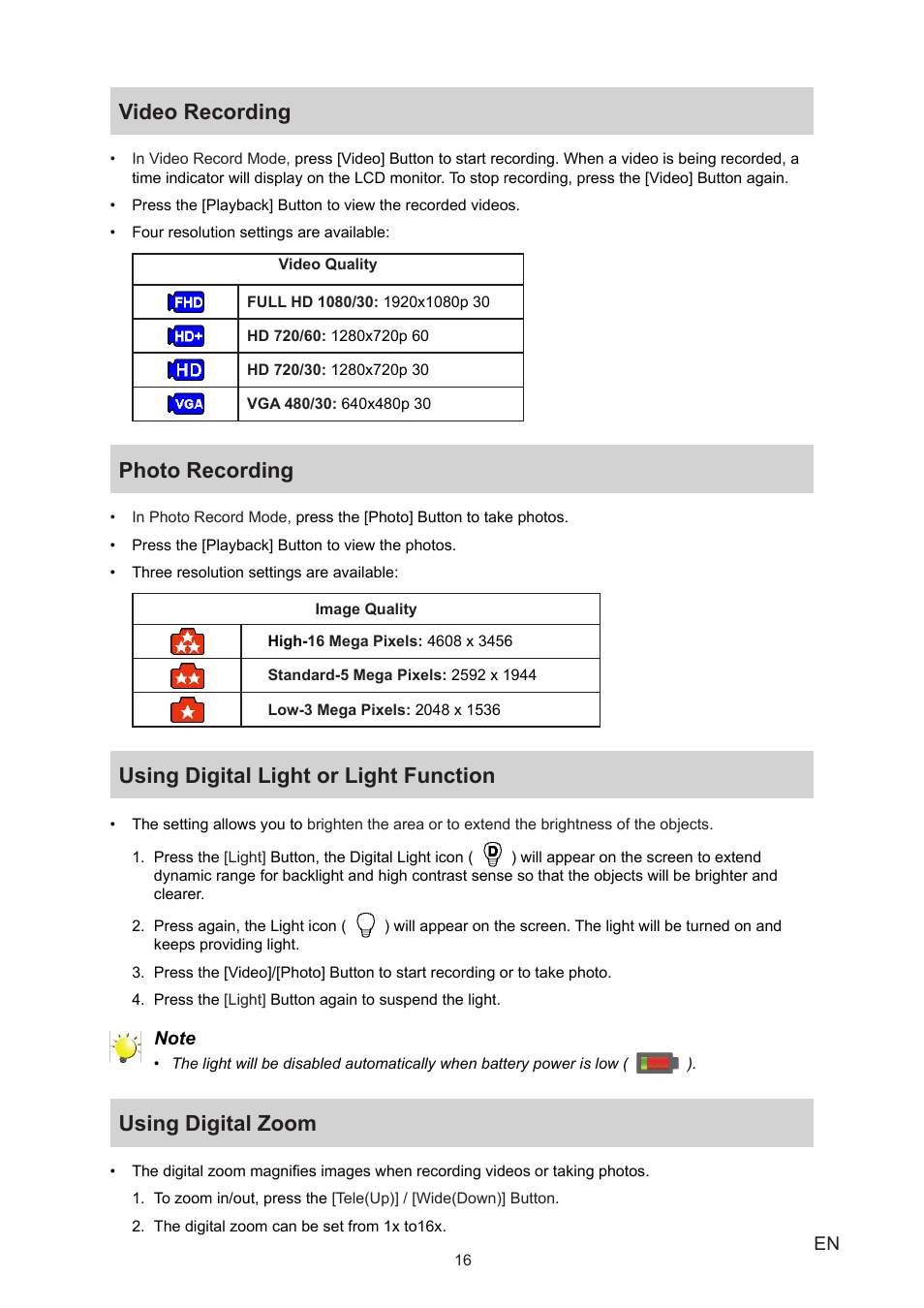 Video recording, Photo recording, Using digital light or light function | Using digital zoom | Toshiba Camileo B10 User Manual | Page 16 / 50