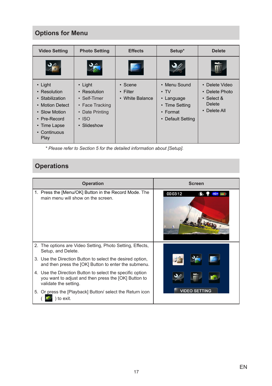 Options for menu, Operations, Options for menu operations | Toshiba Camileo B10 User Manual | Page 17 / 50