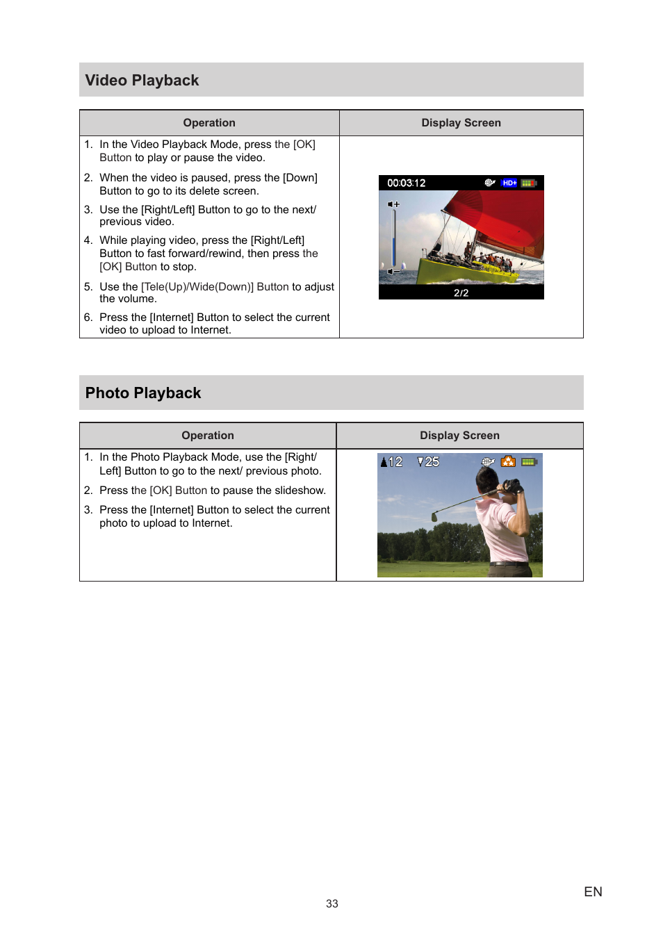 Video playback, Photo playback, Video playback photo playback | Toshiba Camileo B10 User Manual | Page 33 / 50