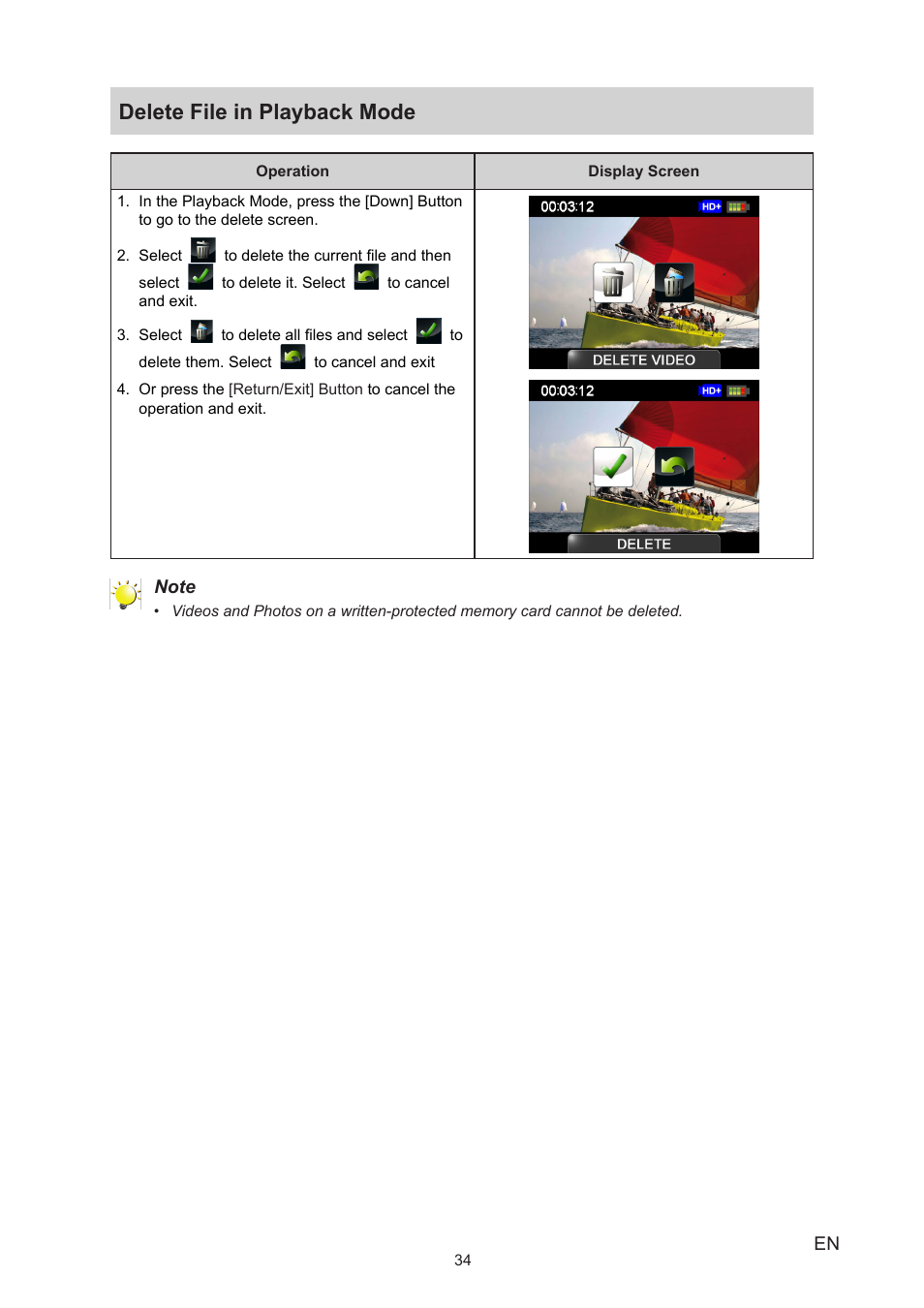 Delete file in playback mode | Toshiba Camileo B10 User Manual | Page 34 / 50