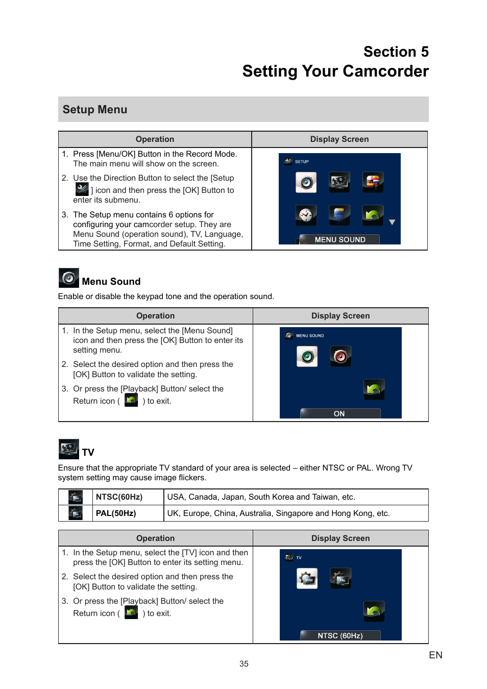 Section 5 setting your camcorder, Setup menu, Setting your camcorder | Toshiba Camileo B10 User Manual | Page 35 / 50