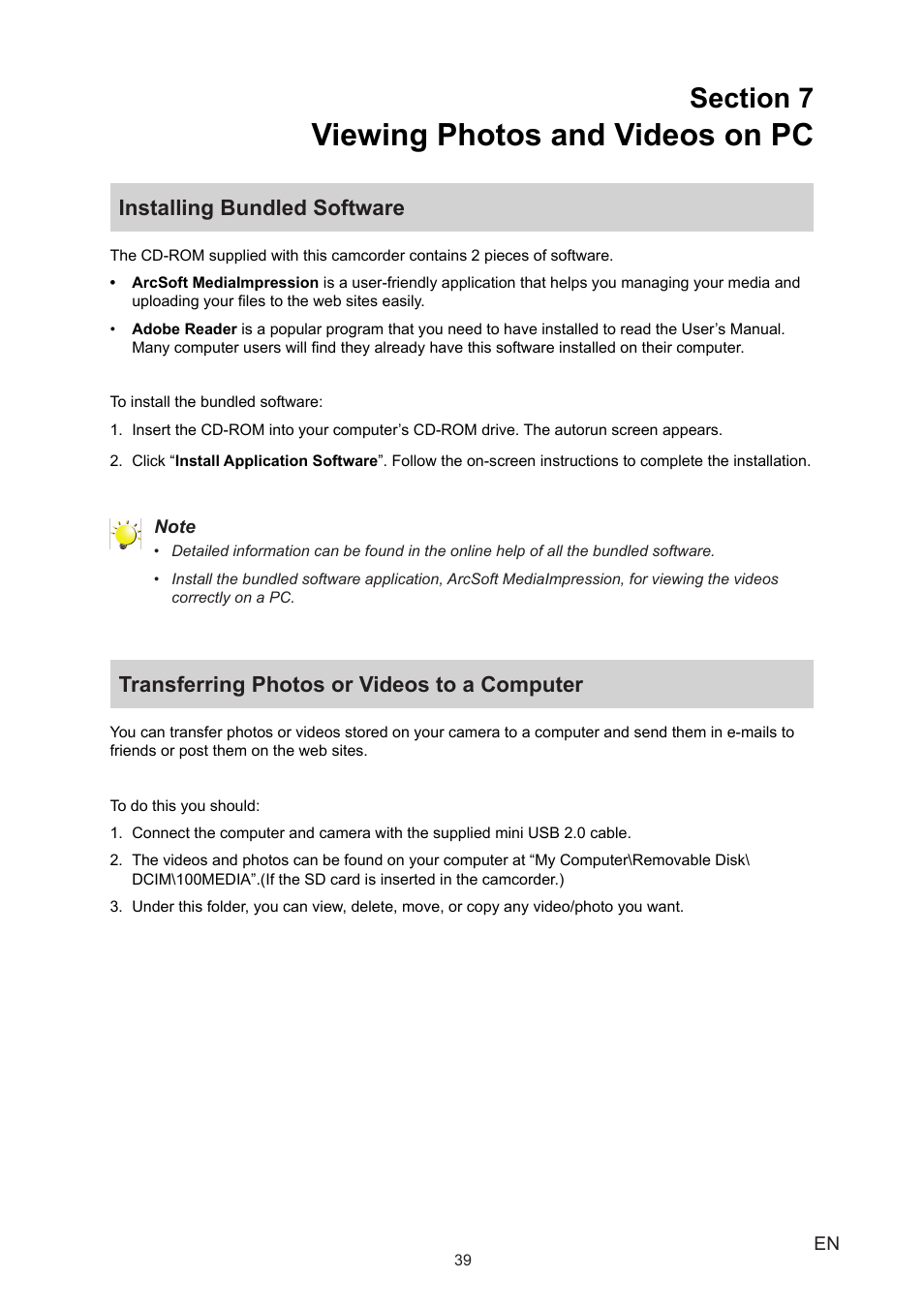 Section 7 viewing photos and videos on pc, Installing bundled software, Transferring photos or videos to a computer | Viewing photos and videos on pc | Toshiba Camileo B10 User Manual | Page 39 / 50