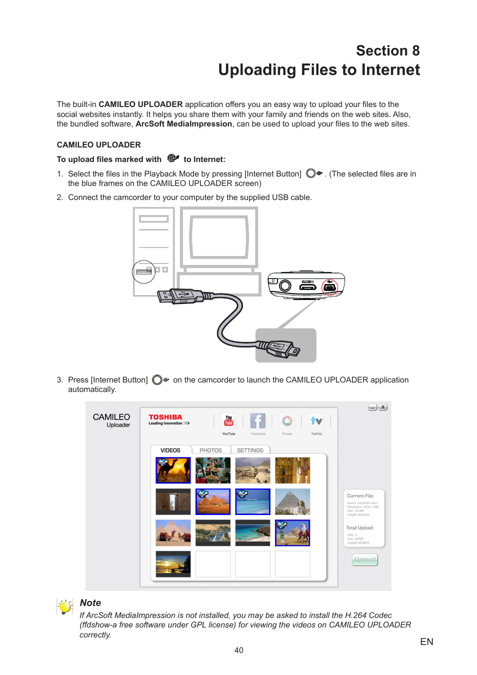 Section 8 uploading files to internet, Uploading files to internet | Toshiba Camileo B10 User Manual | Page 40 / 50