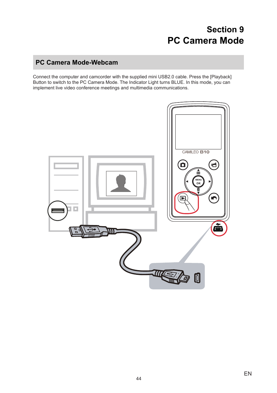 Section 9 pc camera mode, Pc camera mode-webcam, Pc camera mode | Toshiba Camileo B10 User Manual | Page 44 / 50
