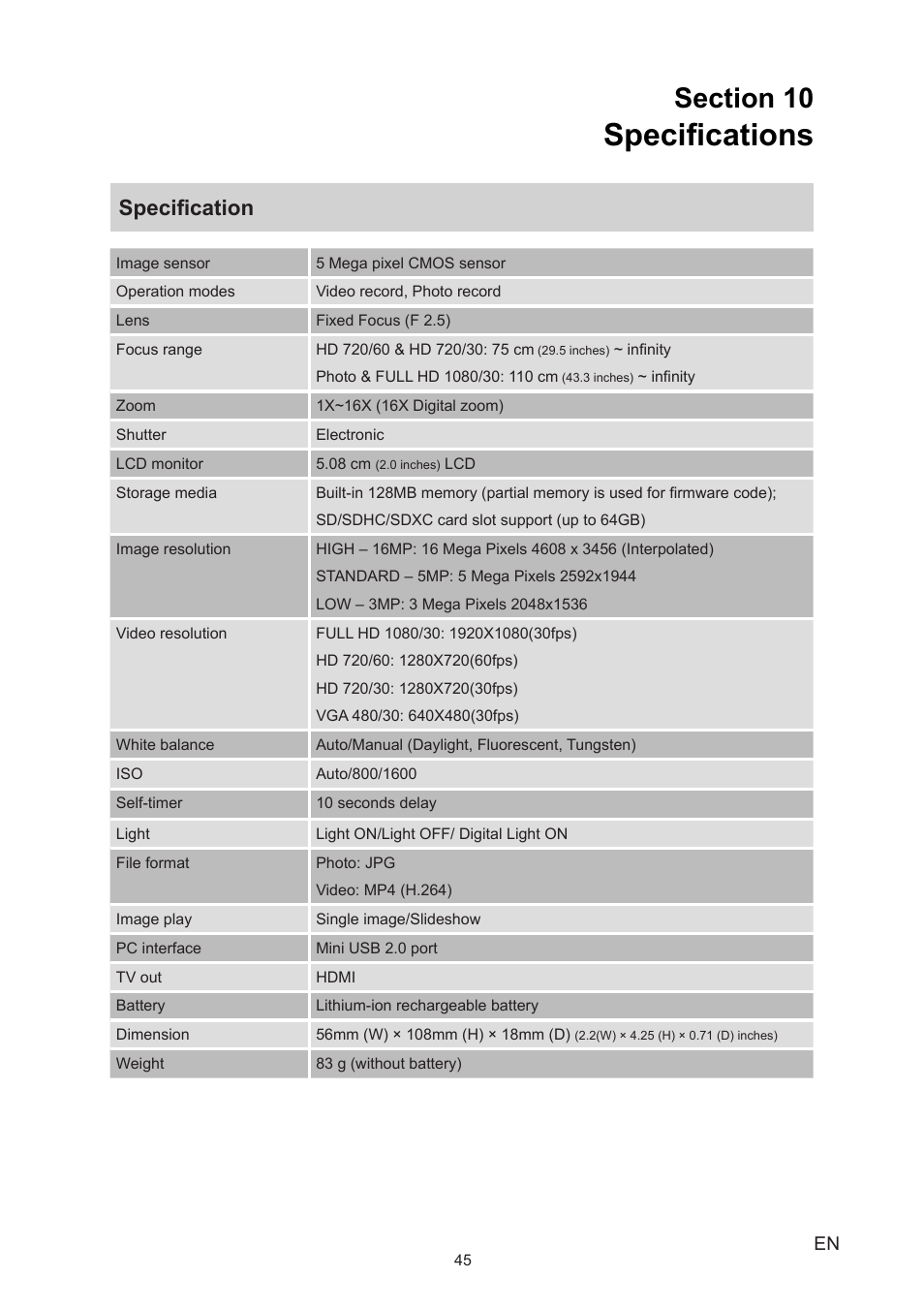 Section 10 specifications, Specifications, Specification | Toshiba Camileo B10 User Manual | Page 45 / 50