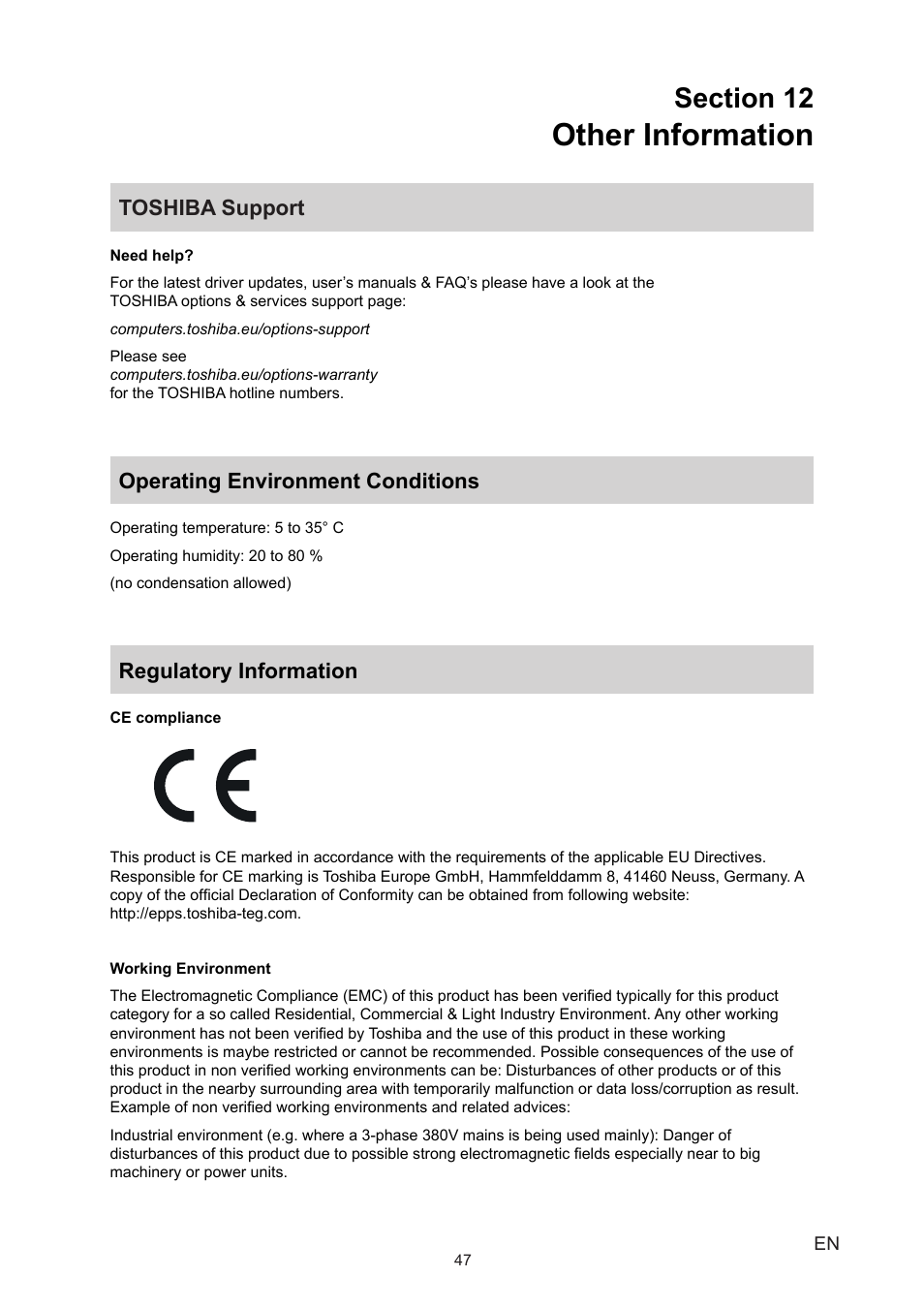 Section 12 other information, Toshiba support, Operating environment conditions | Regulatory information, Other information | Toshiba Camileo B10 User Manual | Page 47 / 50