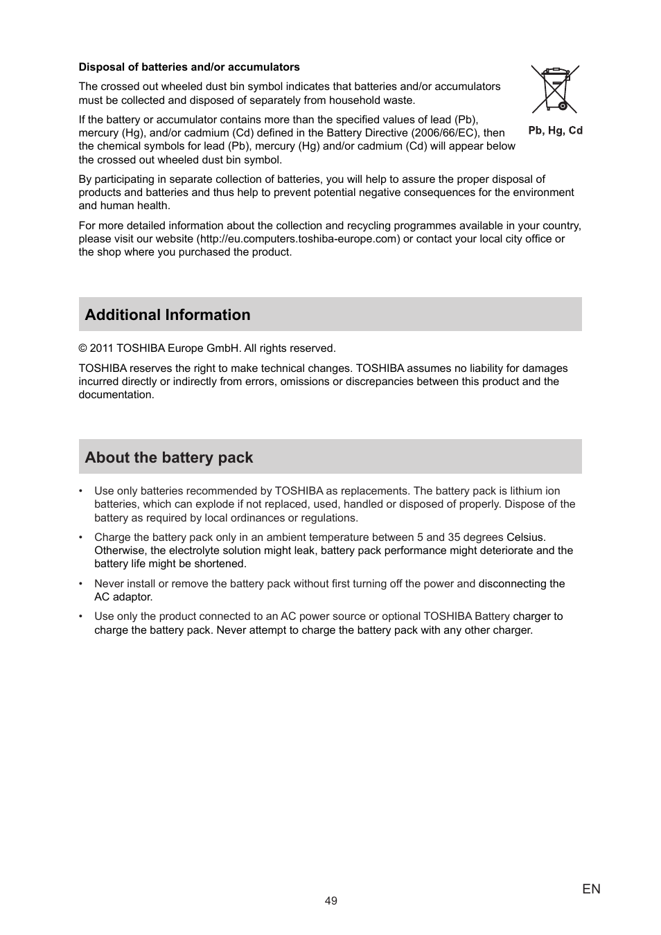 Additional information, About the battery pack, Additional information about the battery pack | Toshiba Camileo B10 User Manual | Page 49 / 50