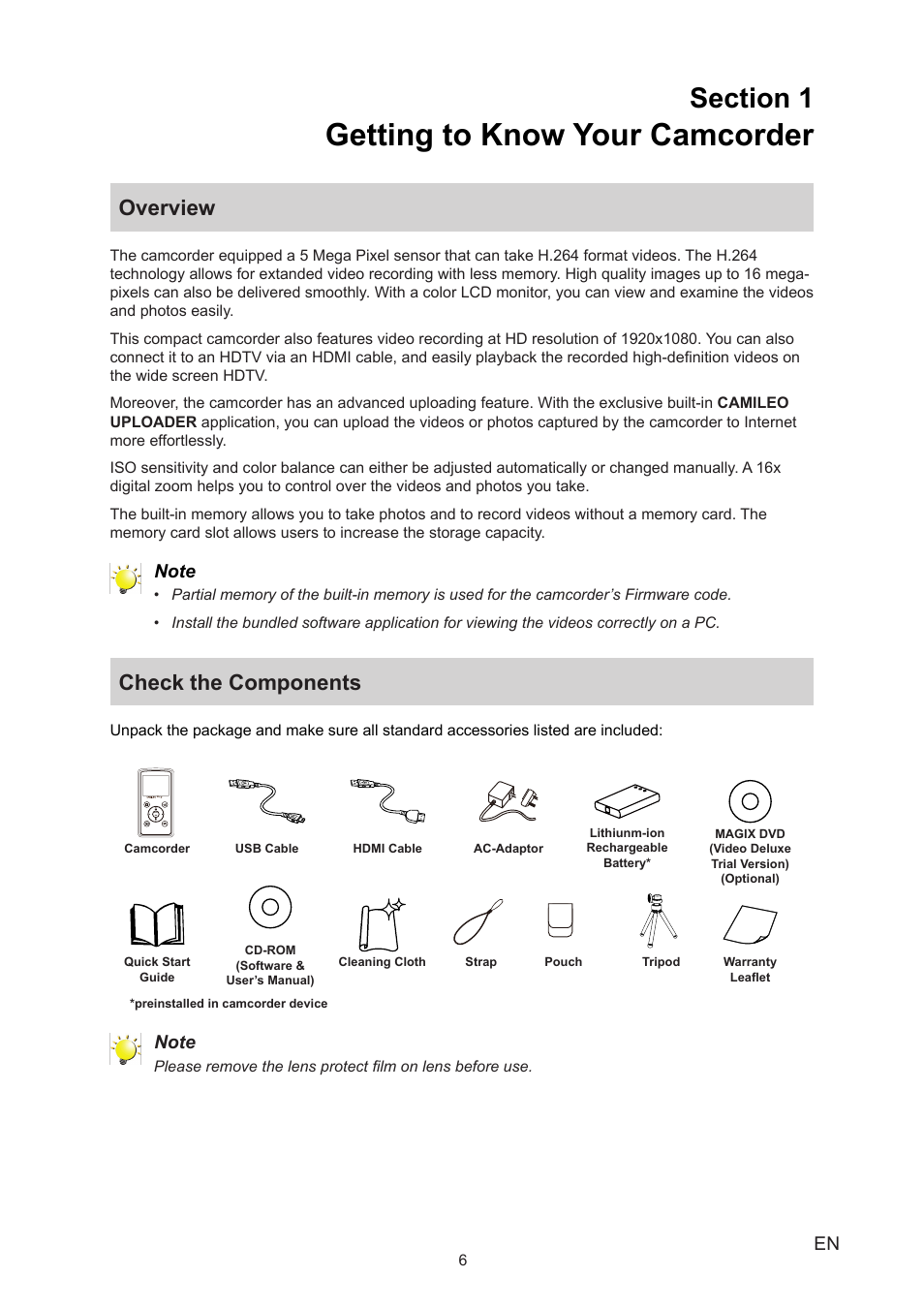 Section 1 getting to know your camcorder, Overview, Check the components | Overview check the components, Getting to know your camcorder | Toshiba Camileo B10 User Manual | Page 6 / 50