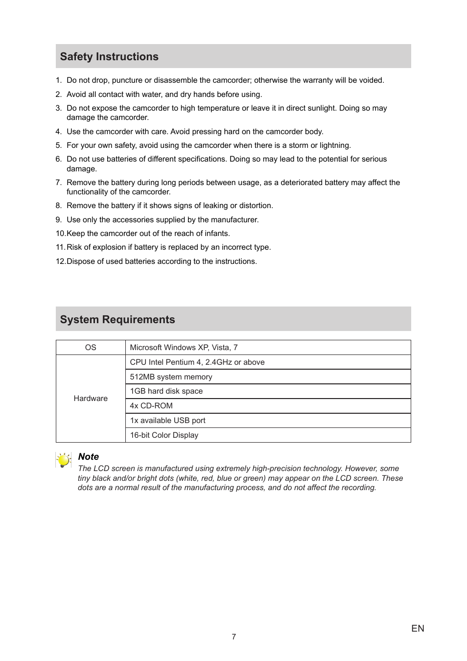 Safety instructions, System requirements, Safety instructions system requirements | Toshiba Camileo B10 User Manual | Page 7 / 50