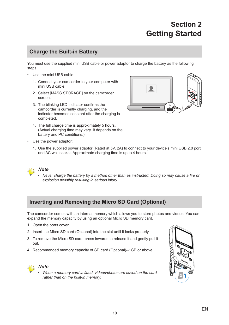 Section 2 getting started, Charge the built-in battery, Getting started | Toshiba Camileo BW20 User Manual | Page 10 / 47