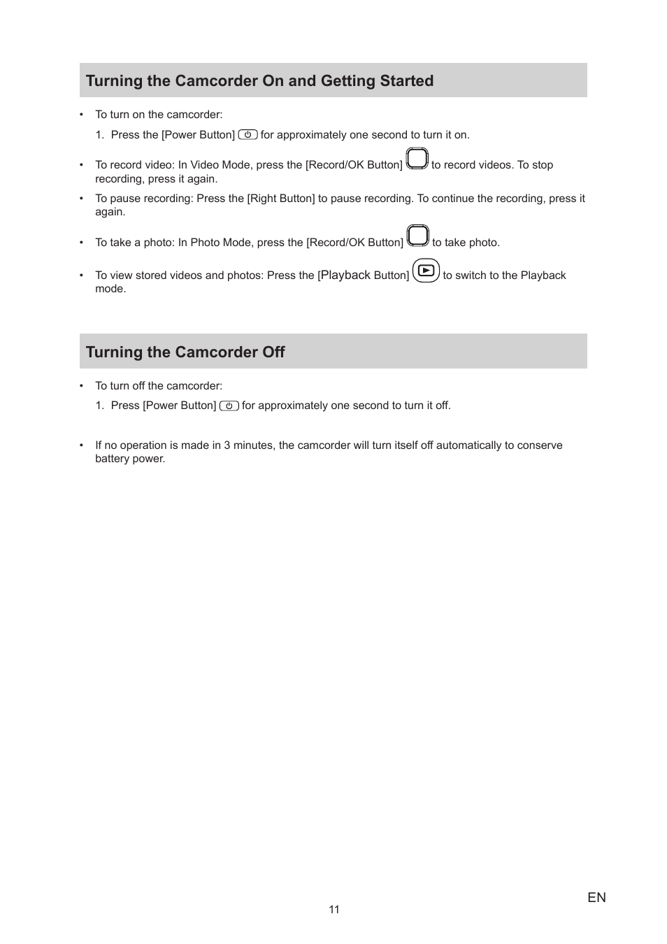 Turning the camcorder on and getting started, Turning the camcorder off | Toshiba Camileo BW20 User Manual | Page 11 / 47