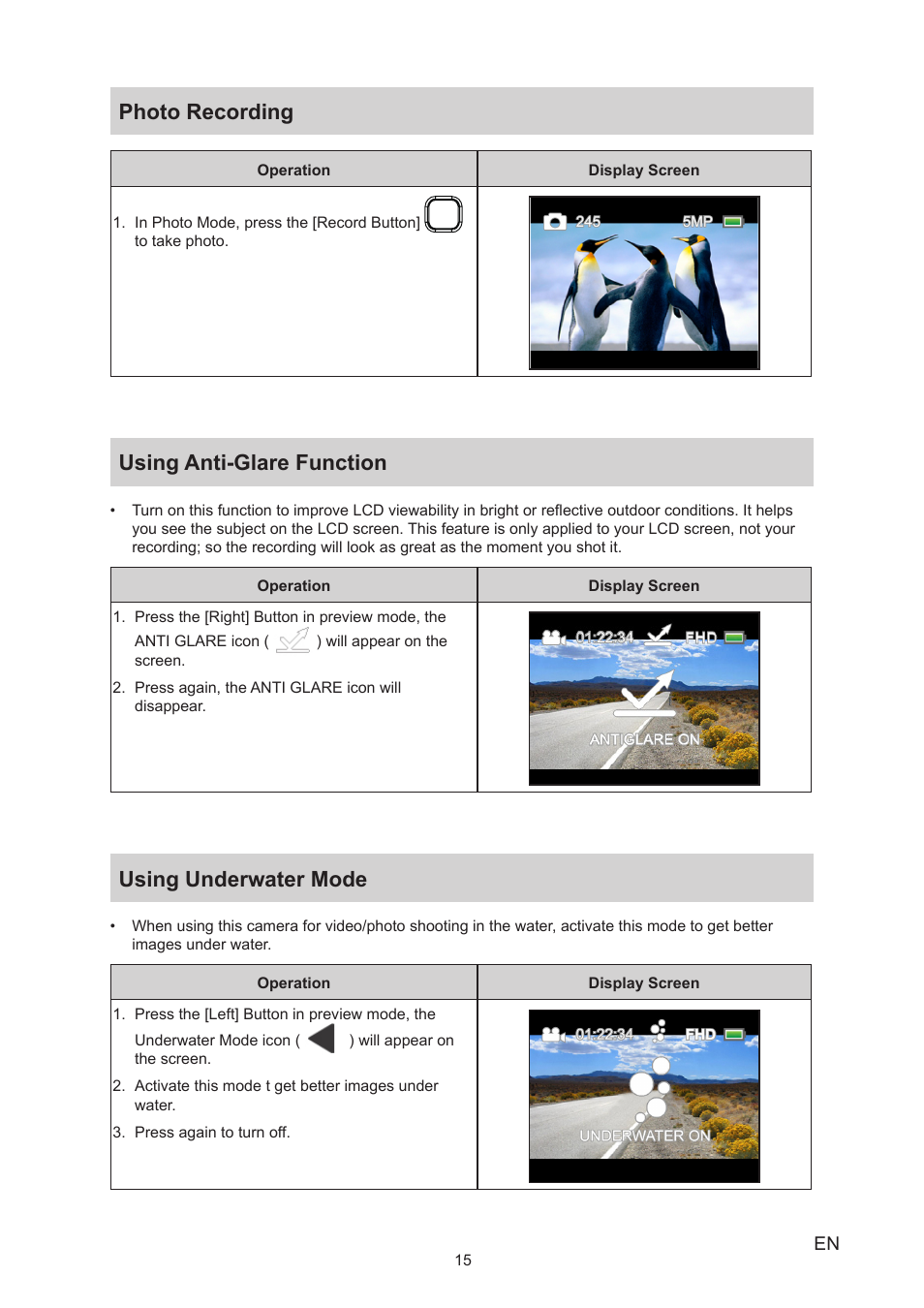 Photo recording, Using anti-glare function, Using underwater mode | Toshiba Camileo BW20 User Manual | Page 15 / 47