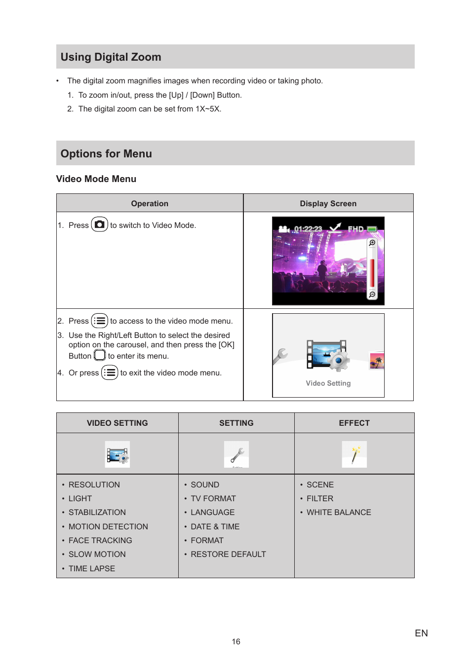 Using digital zoom, Options for menu, Using digital zoom options for menu | Toshiba Camileo BW20 User Manual | Page 16 / 47