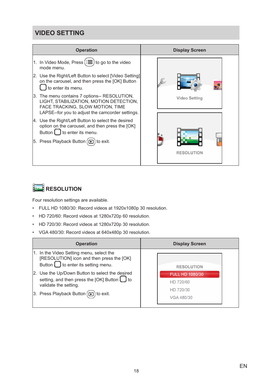 Video setting | Toshiba Camileo BW20 User Manual | Page 18 / 47