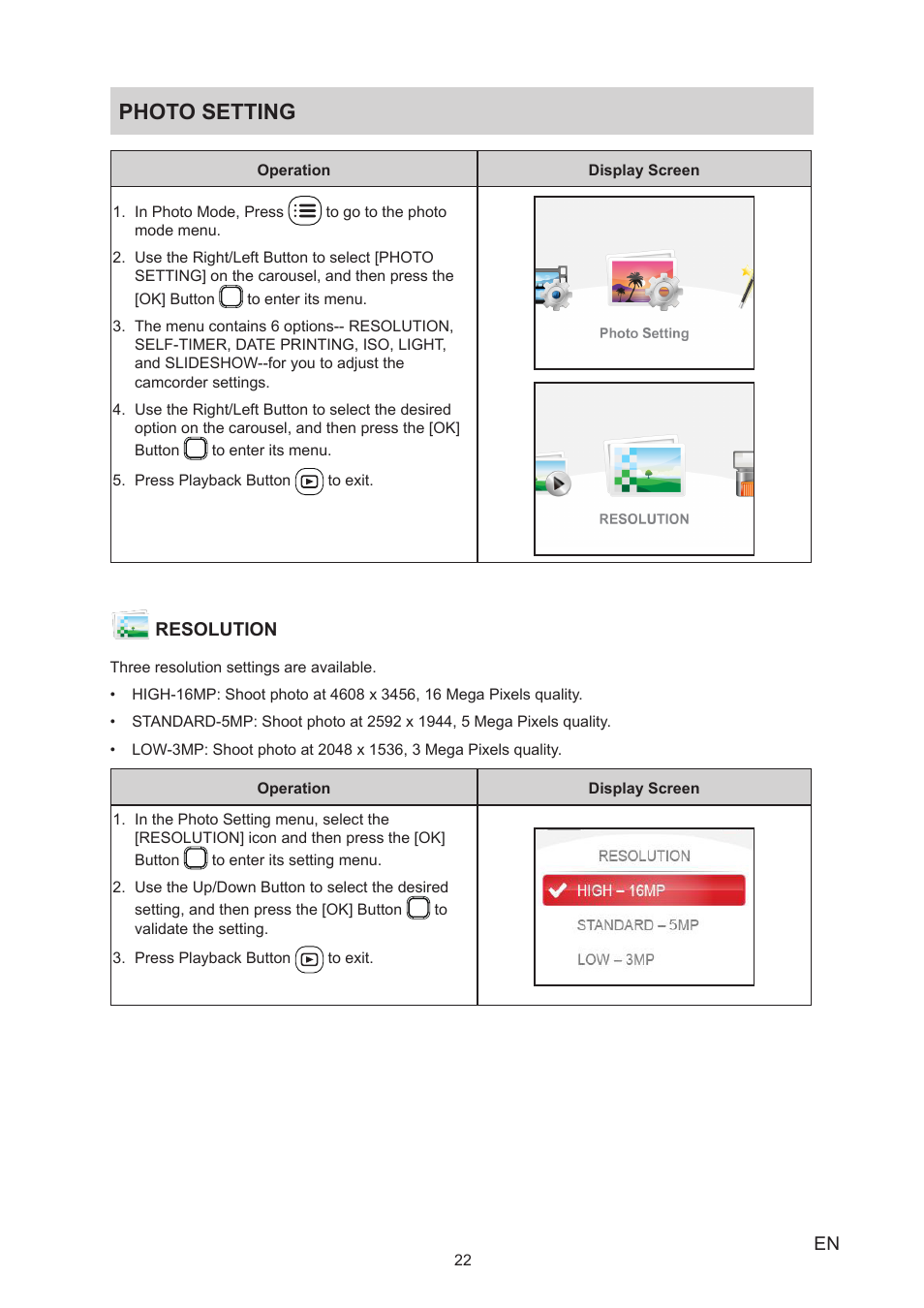 Photo setting | Toshiba Camileo BW20 User Manual | Page 22 / 47