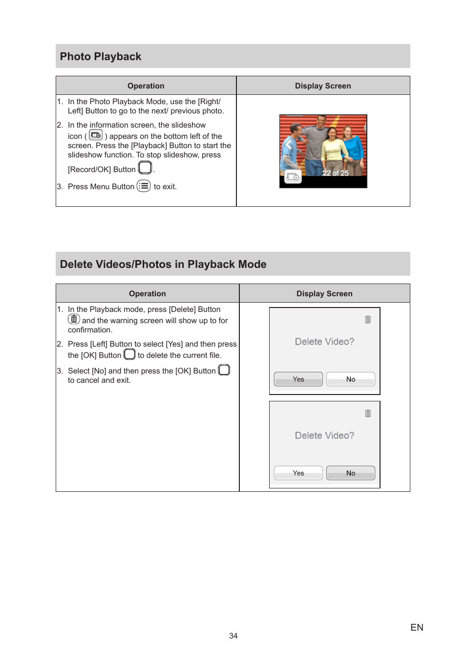 Photo playback, Delete videos/photos in playback mode | Toshiba Camileo BW20 User Manual | Page 34 / 47