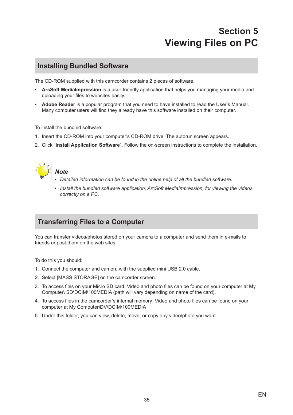 Section 5 viewing files on pc, Installing bundled software, Transferring files to a computer | Viewing files on pc | Toshiba Camileo BW20 User Manual | Page 35 / 47