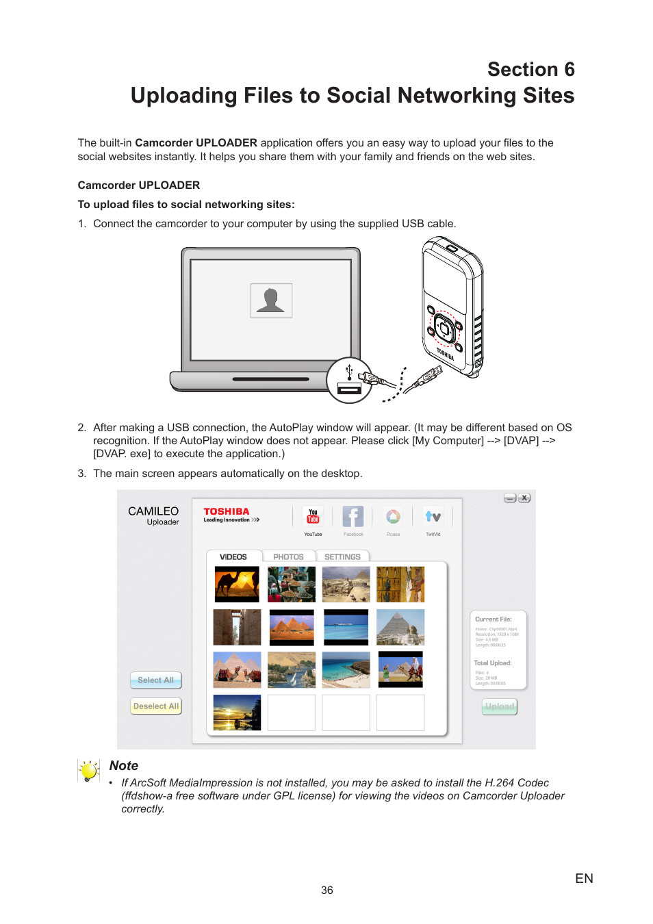 Uploading files to social networking sites | Toshiba Camileo BW20 User Manual | Page 36 / 47