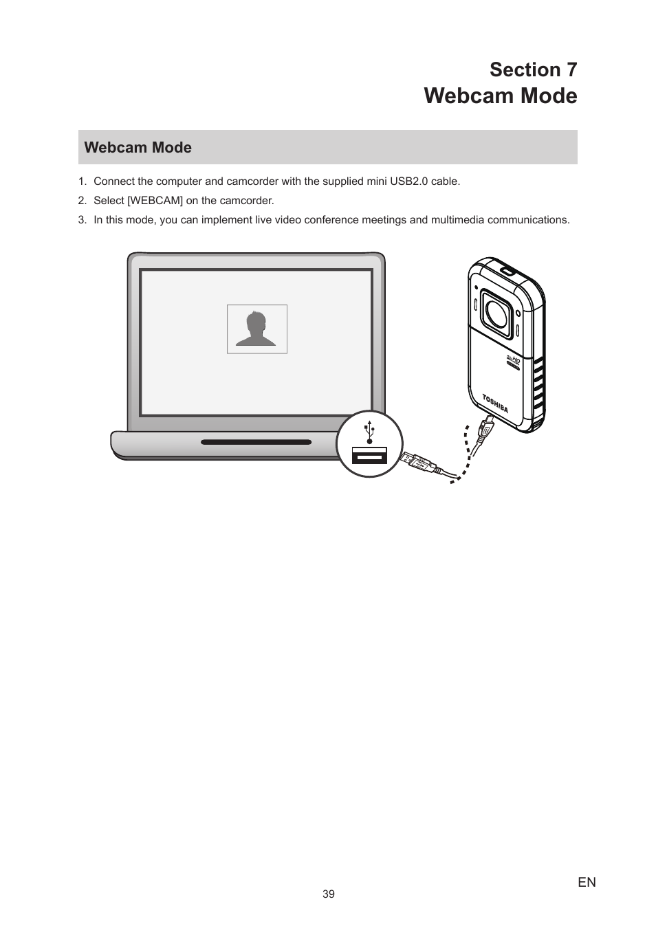 Section 7 webcam mode, Webcam mode | Toshiba Camileo BW20 User Manual | Page 39 / 47