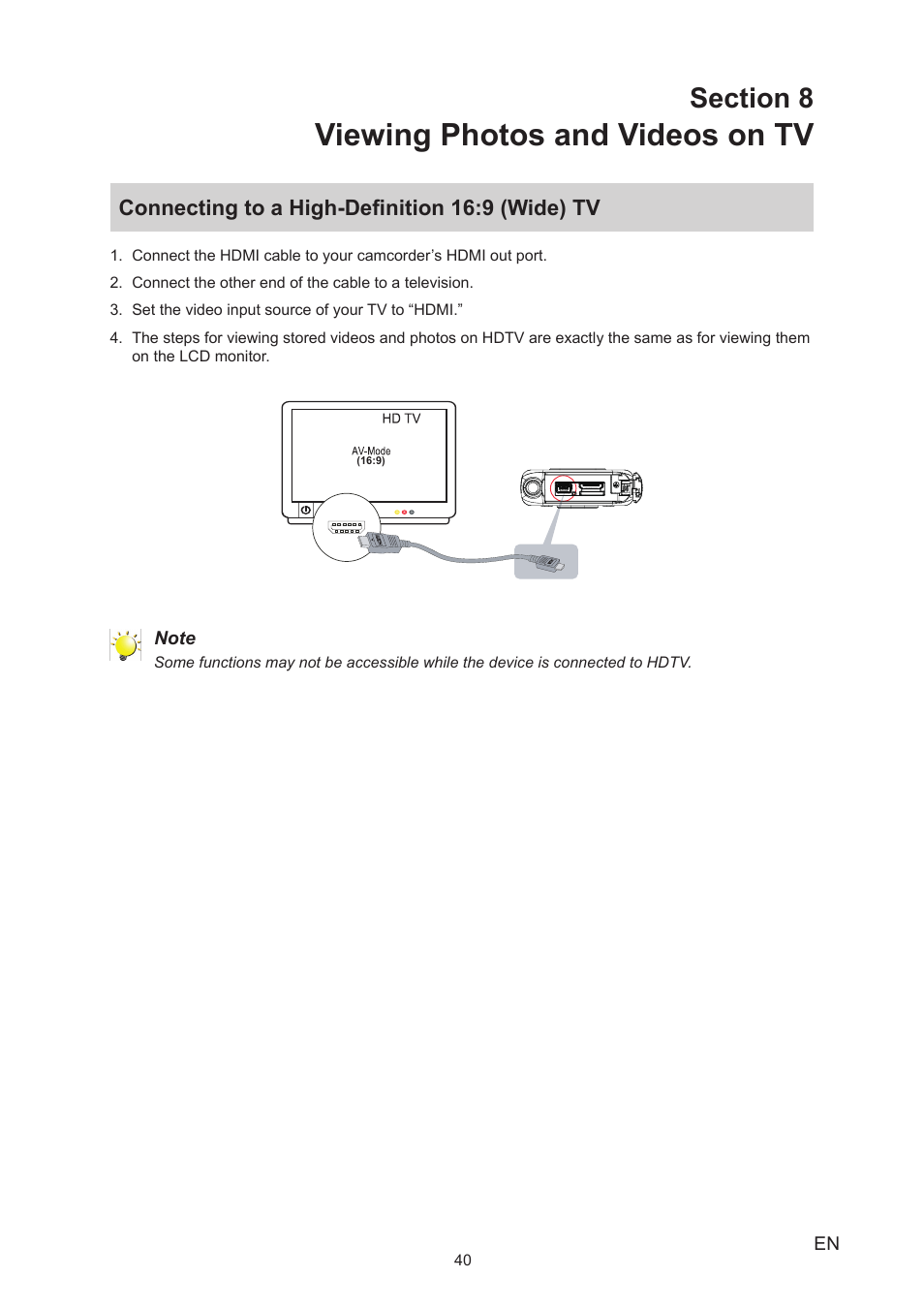 Section 8 viewing photos and videos on tv, Connecting to a high-definition 16:9(wide) tv, Connecting to a high-definition 16:9 (wide) tv | Viewing photos and videos on tv | Toshiba Camileo BW20 User Manual | Page 40 / 47