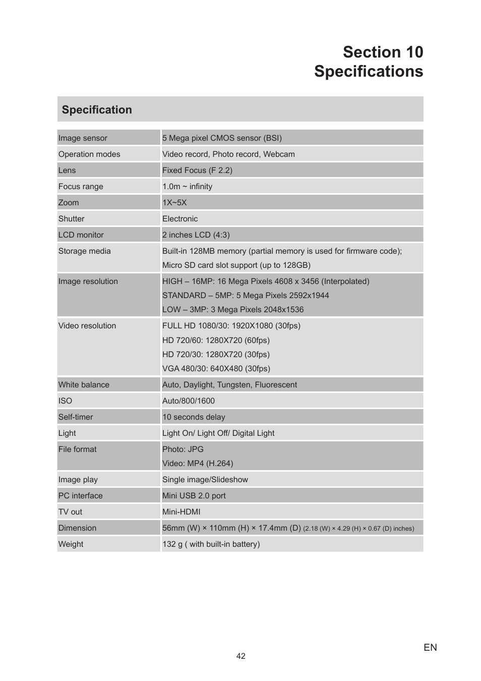 Section 10 specifications, Specification | Toshiba Camileo BW20 User Manual | Page 42 / 47
