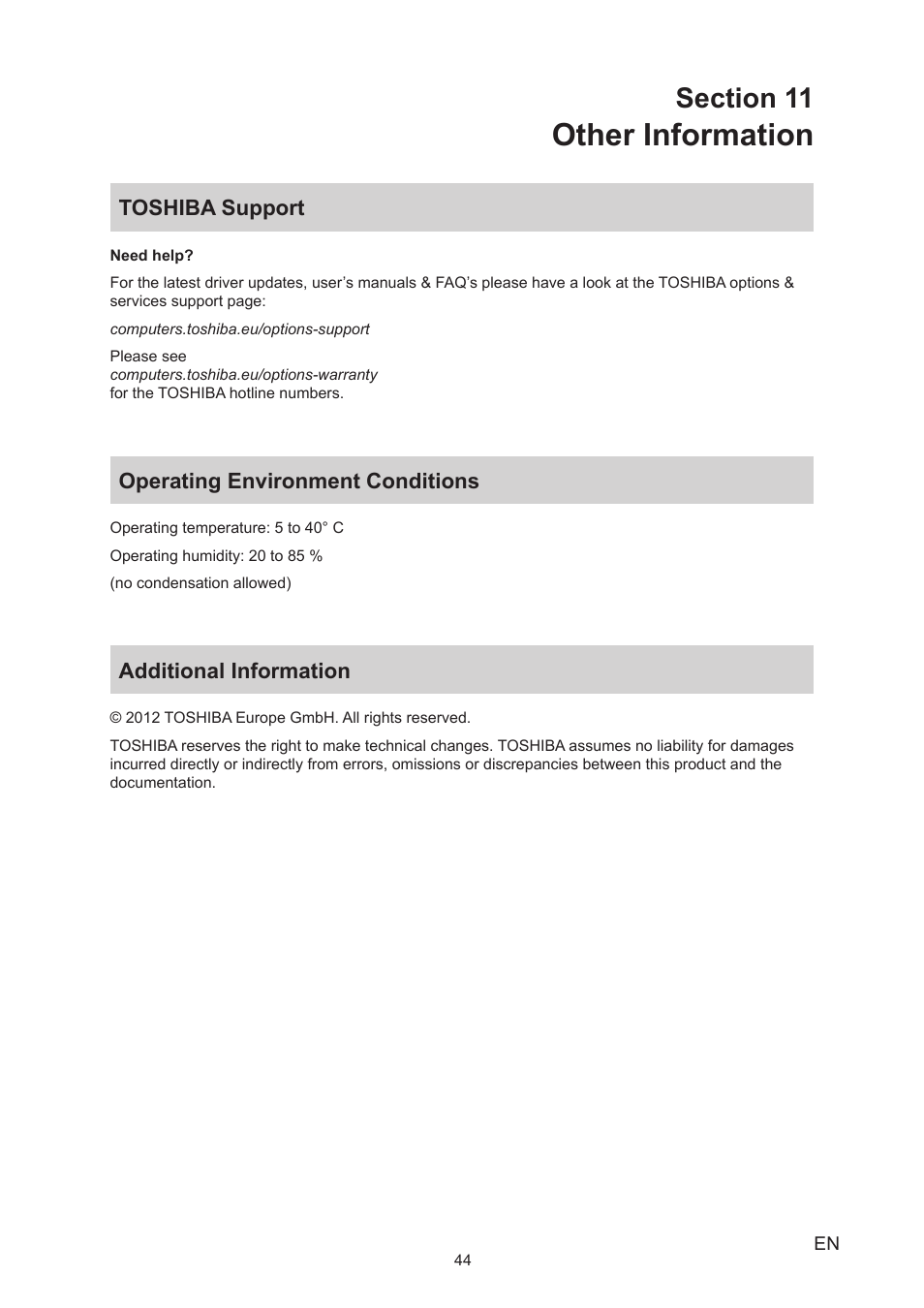 Section 11 other information, Toshiba support, Operating environment conditions | Additional information, Other information | Toshiba Camileo BW20 User Manual | Page 44 / 47