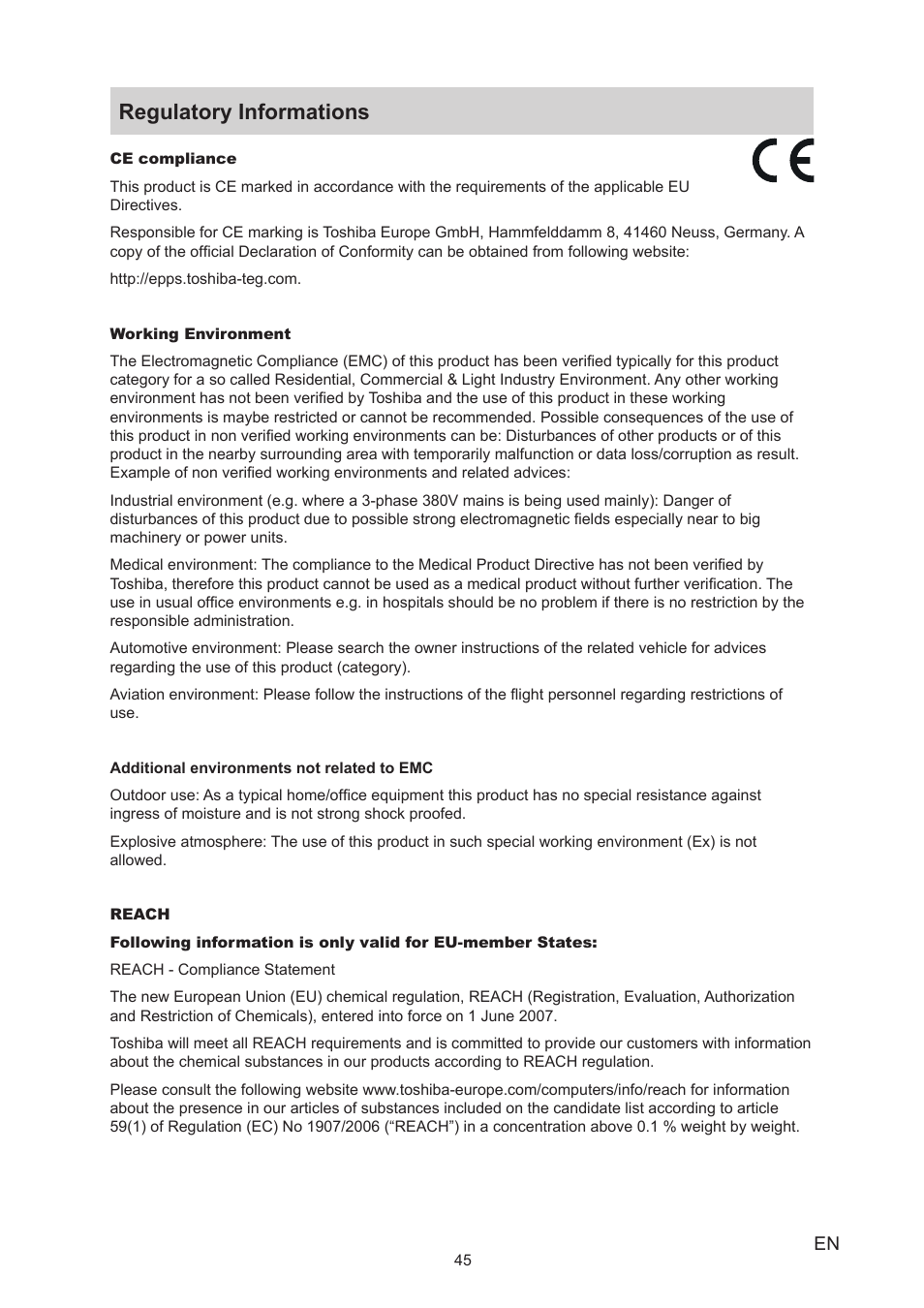 Regulatory informations | Toshiba Camileo BW20 User Manual | Page 45 / 47